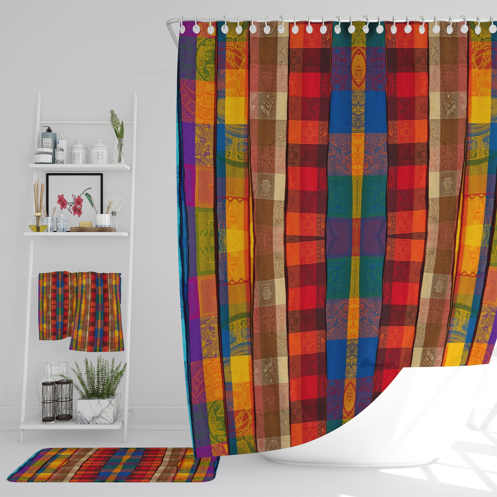 Boho Plaid Bathroom Decor Shower Curtains with Optional Towels and Bath Mat - Image 2