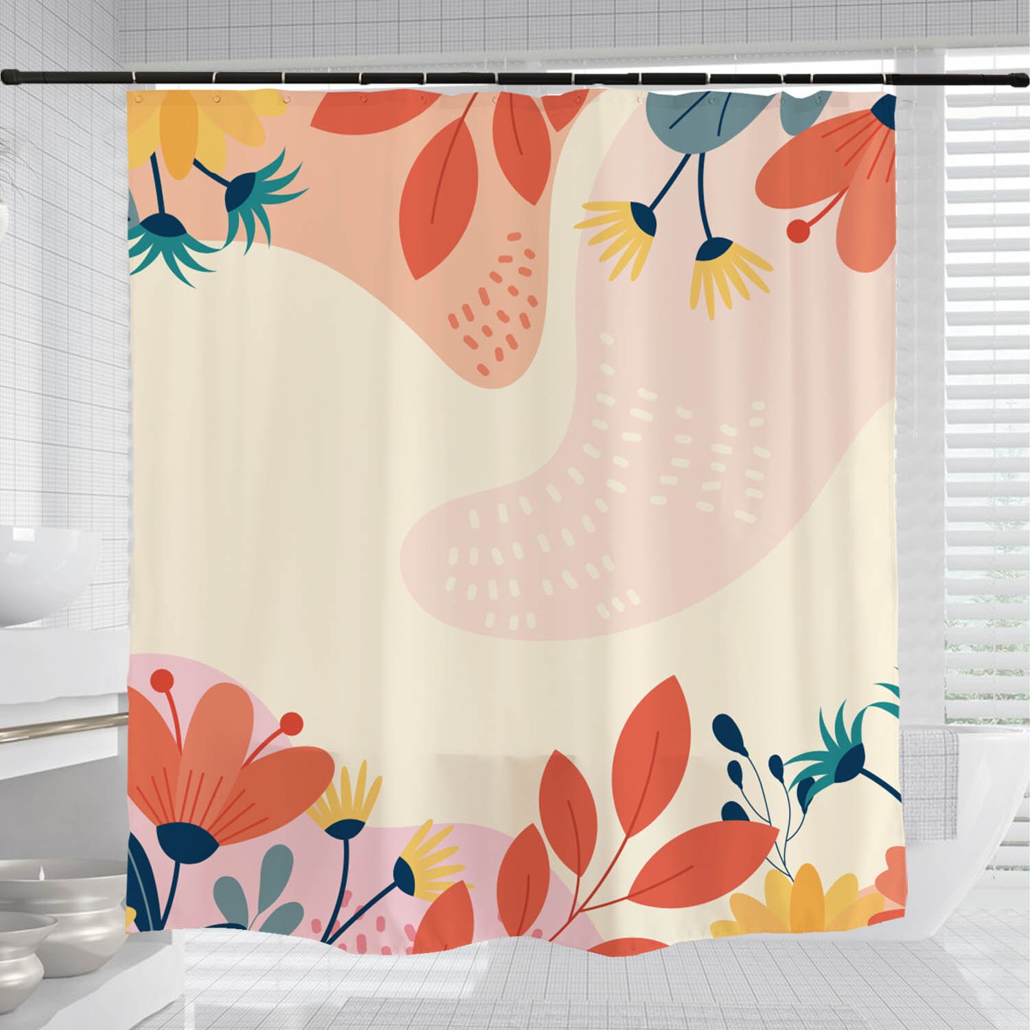 Boho Plants Shower Curtain with Floral Flowers and Customizable Colors - Image 2