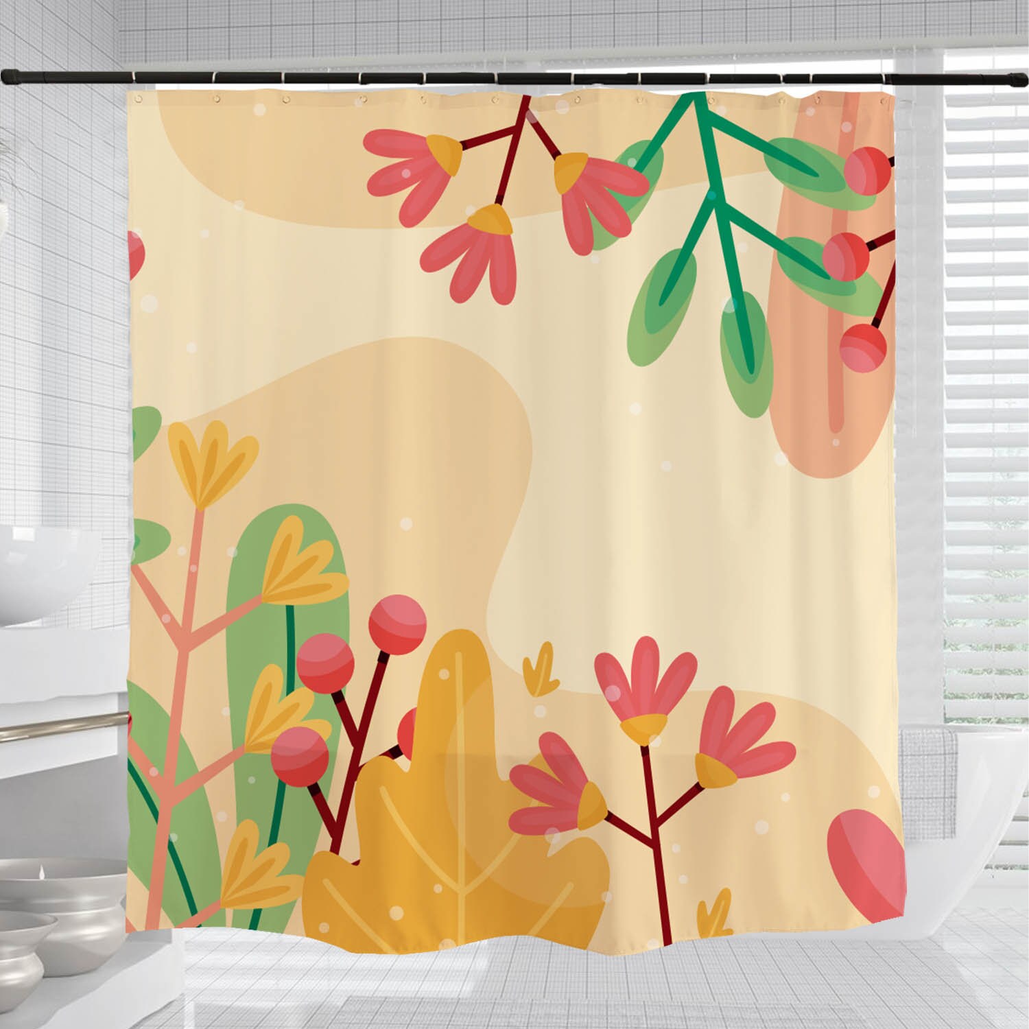 Boho Plants Shower Curtain with Floral Flowers and Customizable Sizes - Image 3