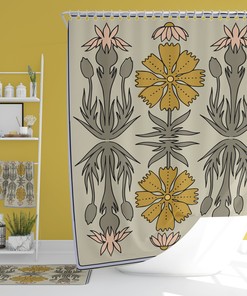Boho Retro Flowers Bathroom Decor Set with Waffle Weave Shower Curtain and Towels