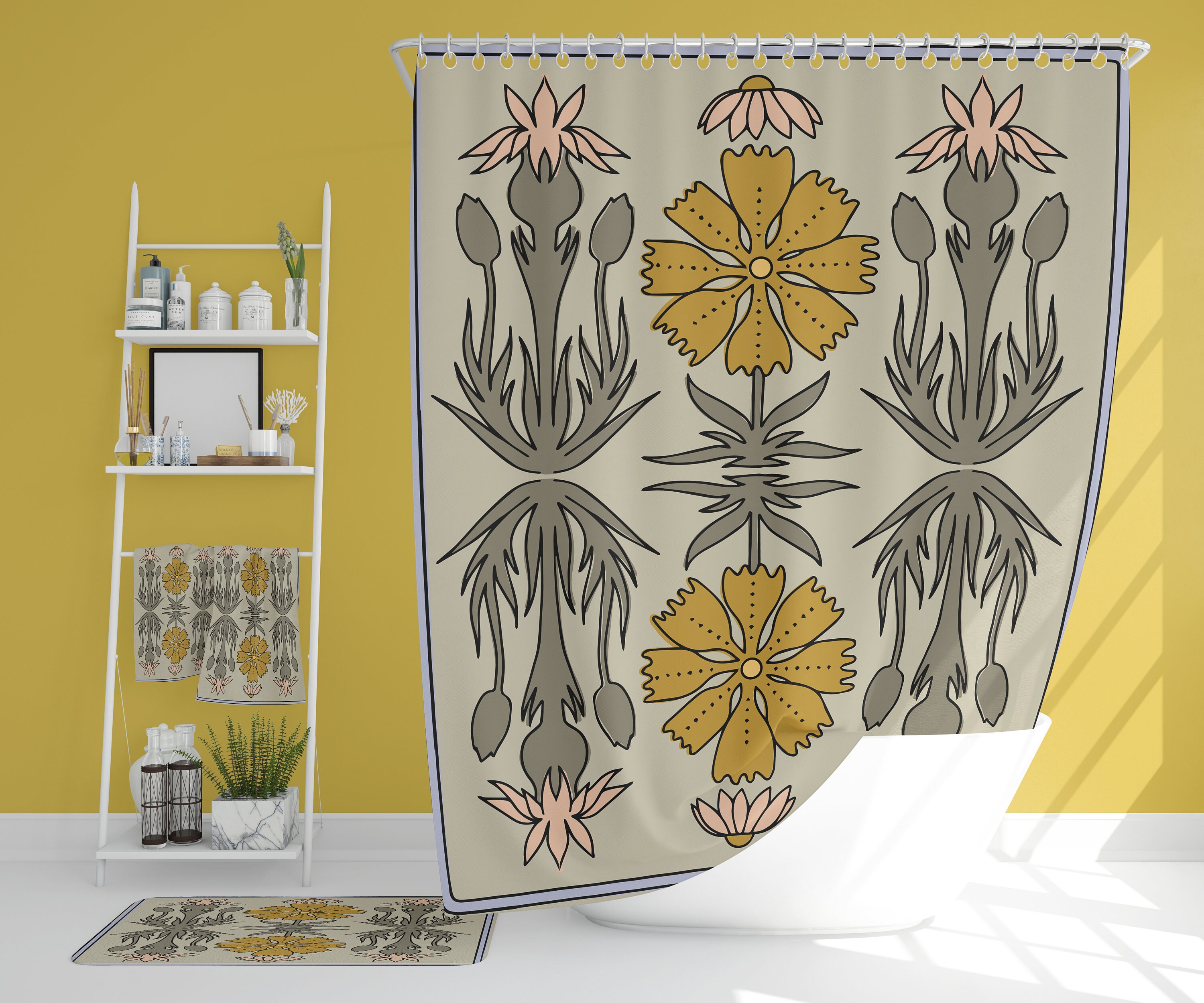 Boho Retro Flowers Bathroom Decor Set with Waffle Weave Shower Curtain and Towels
