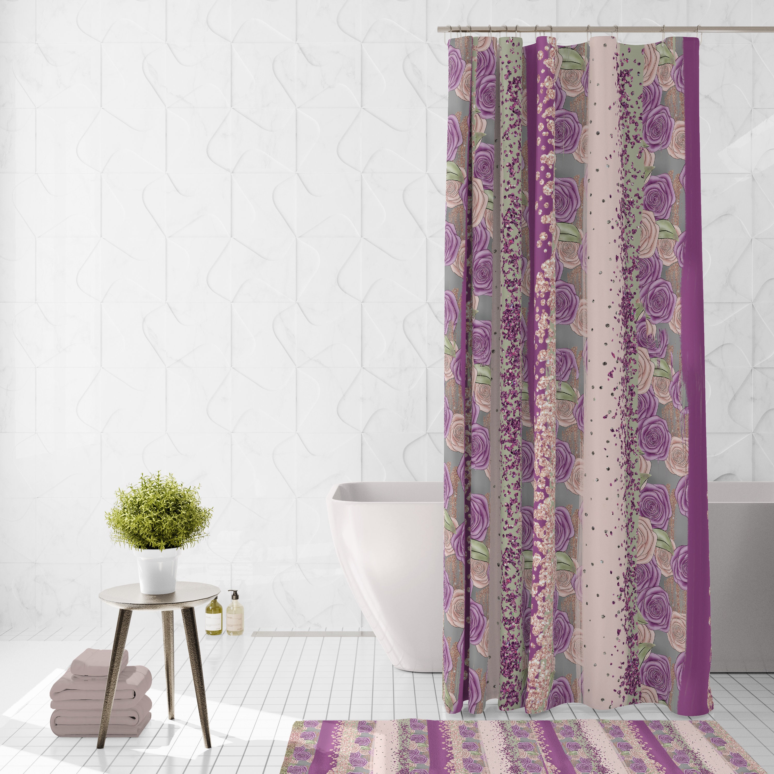 Boho Rose Shower Curtain with Optional Bath Mat and Towels for Elegant Bathroom Decor