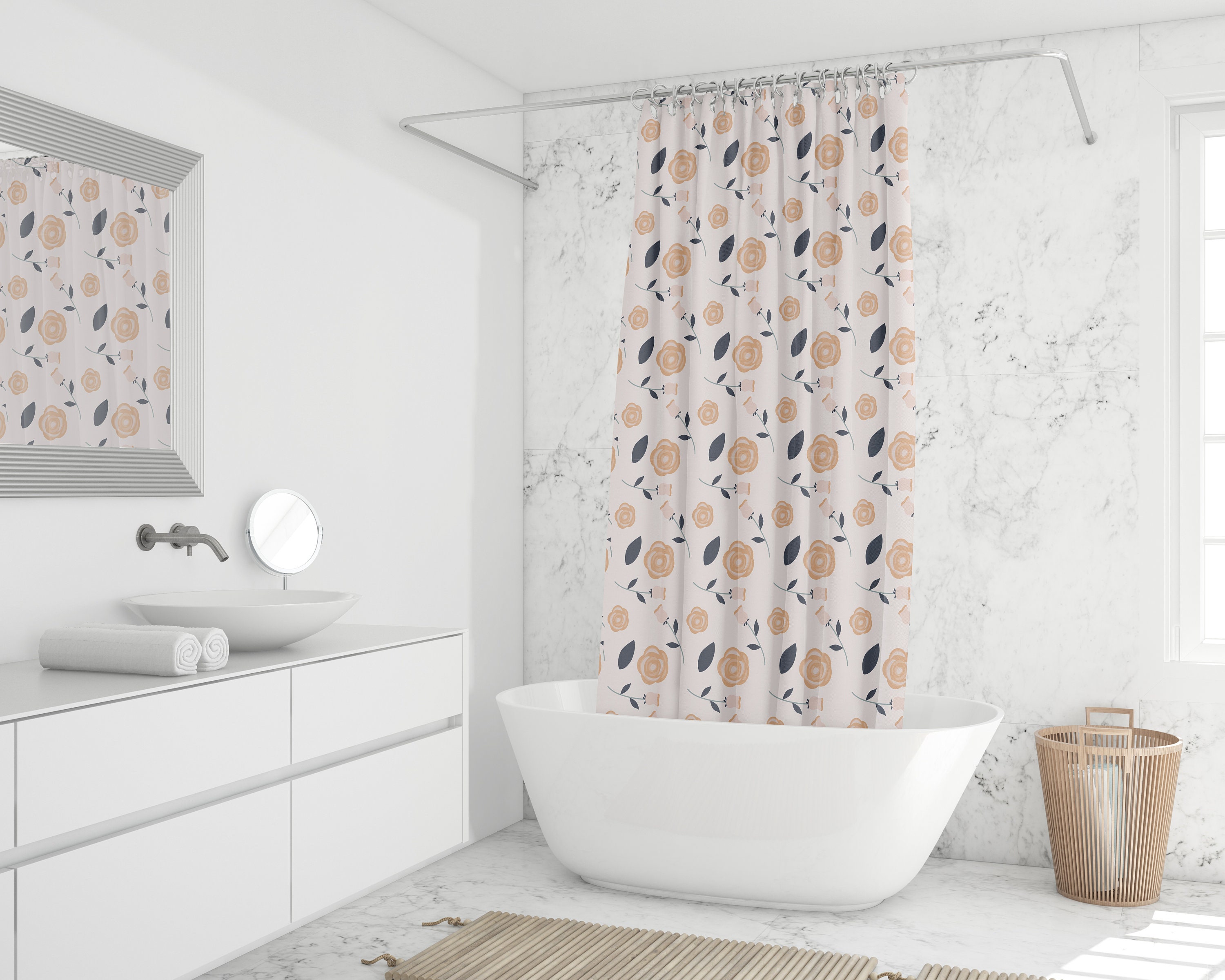 Boho Roses Shower Curtain, Botanical Floral Pattern Bath Print, Flowers Bathroom Decor Gift 71x74 in, Bohemian Style - Image 2