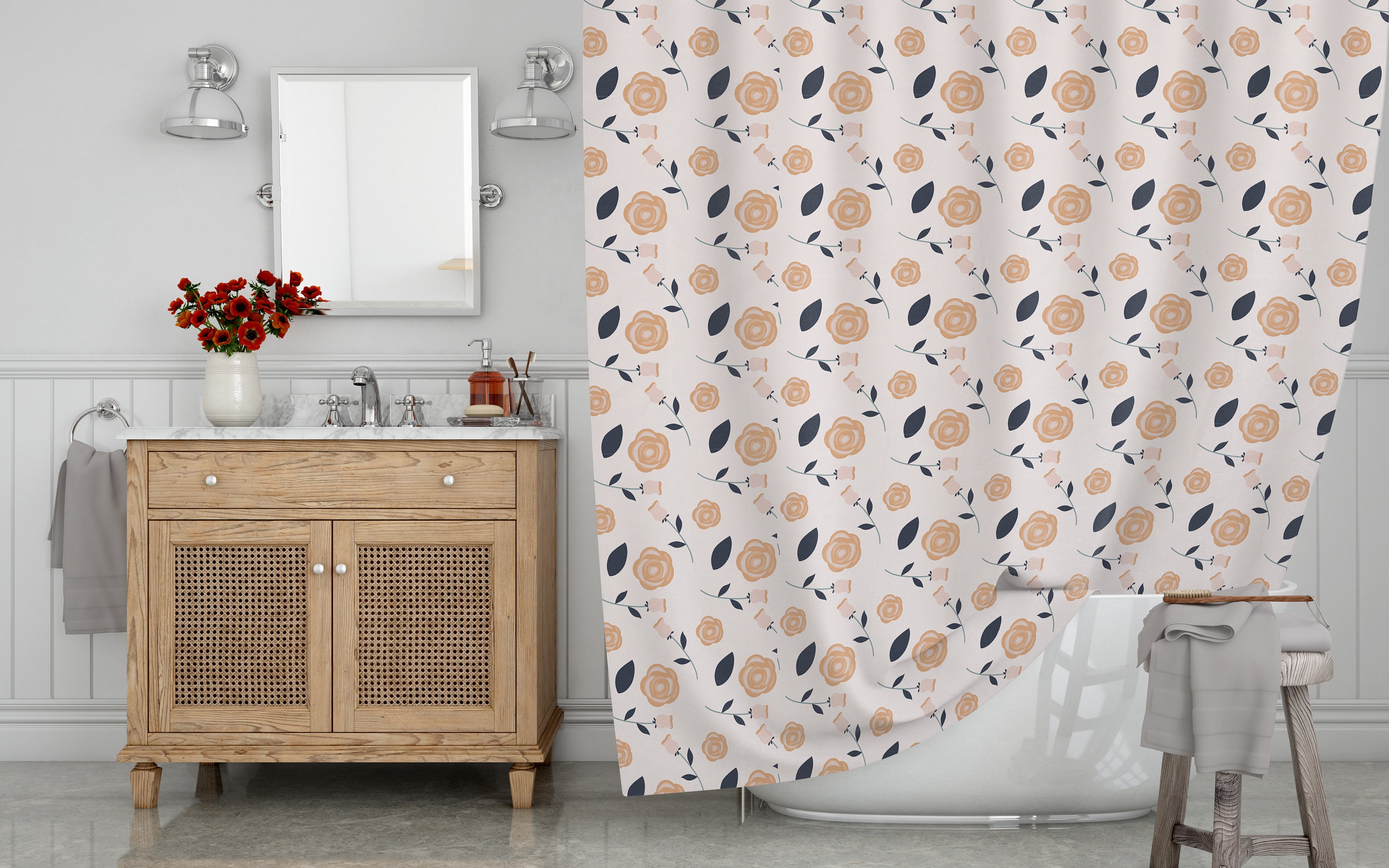 Boho Roses Shower Curtain, Botanical Floral Pattern Bath Print, Flowers Bathroom Decor Gift 71x74 in, Bohemian Style - Image 3
