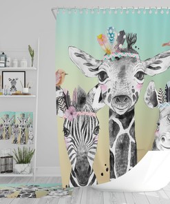 Boho Safari Animals Shower Curtain, add Bath Mat ,Towels with Kids Bathroom Shower Curtain Print