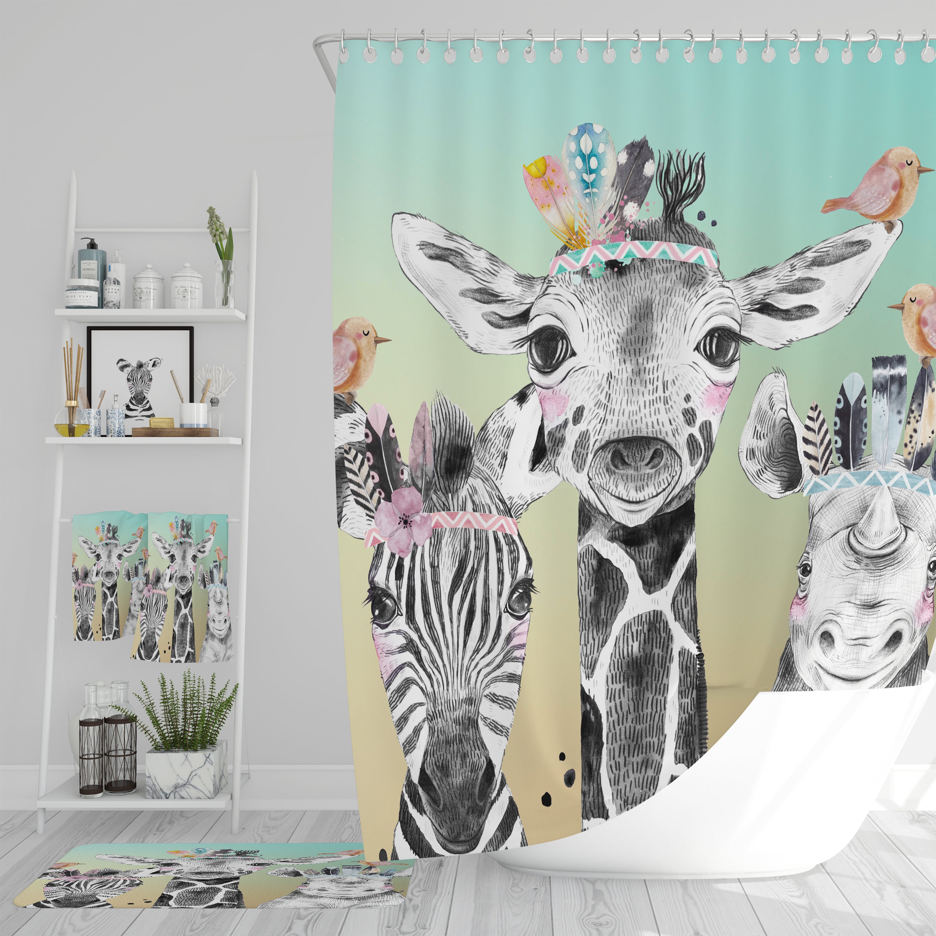 Boho Safari Animals Shower Curtain, add Bath Mat ,Towels with Kids Bathroom Shower Curtain Print