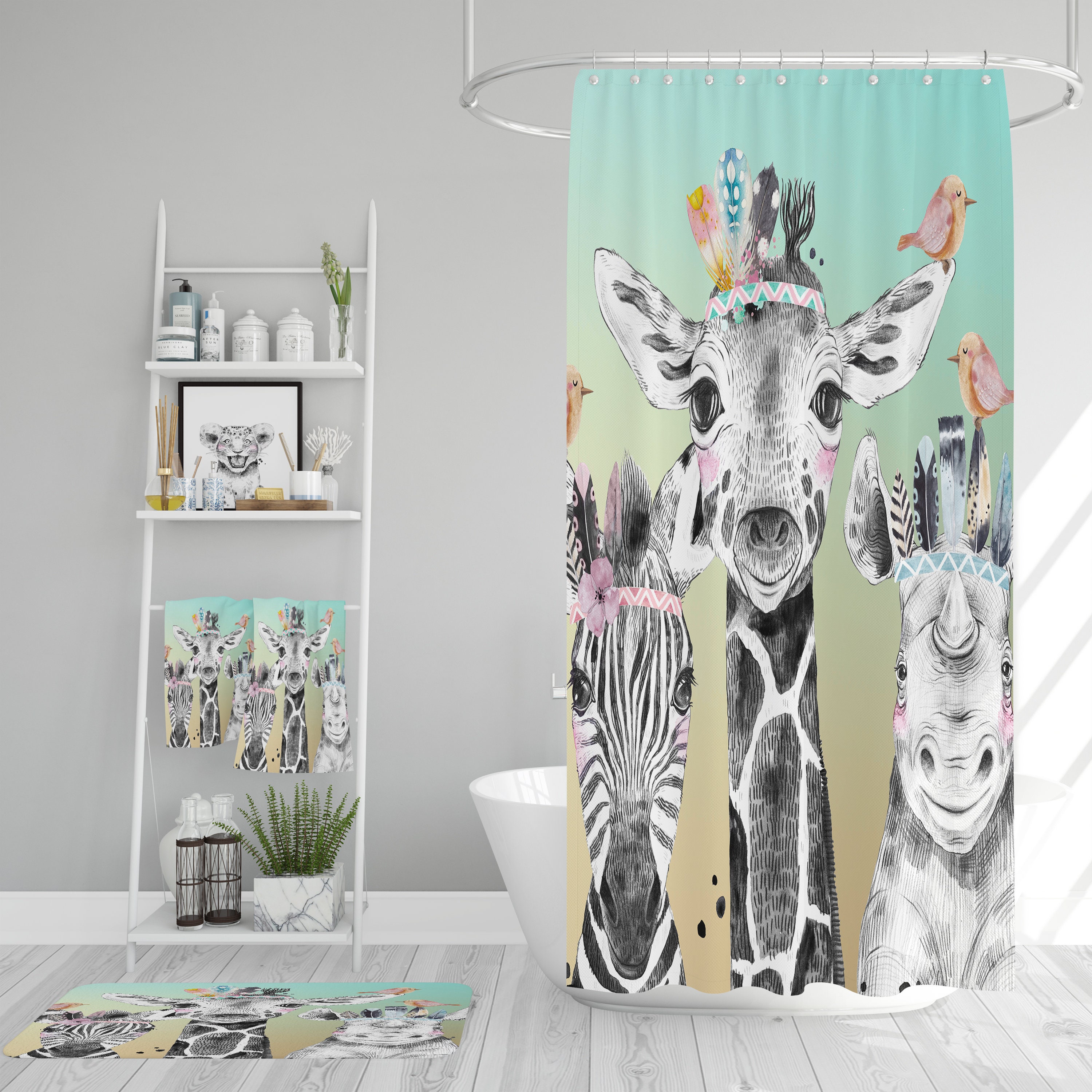 Boho Safari Animals Shower Curtain, add Bath Mat ,Towels with Kids Bathroom Shower Curtain Print - Image 2