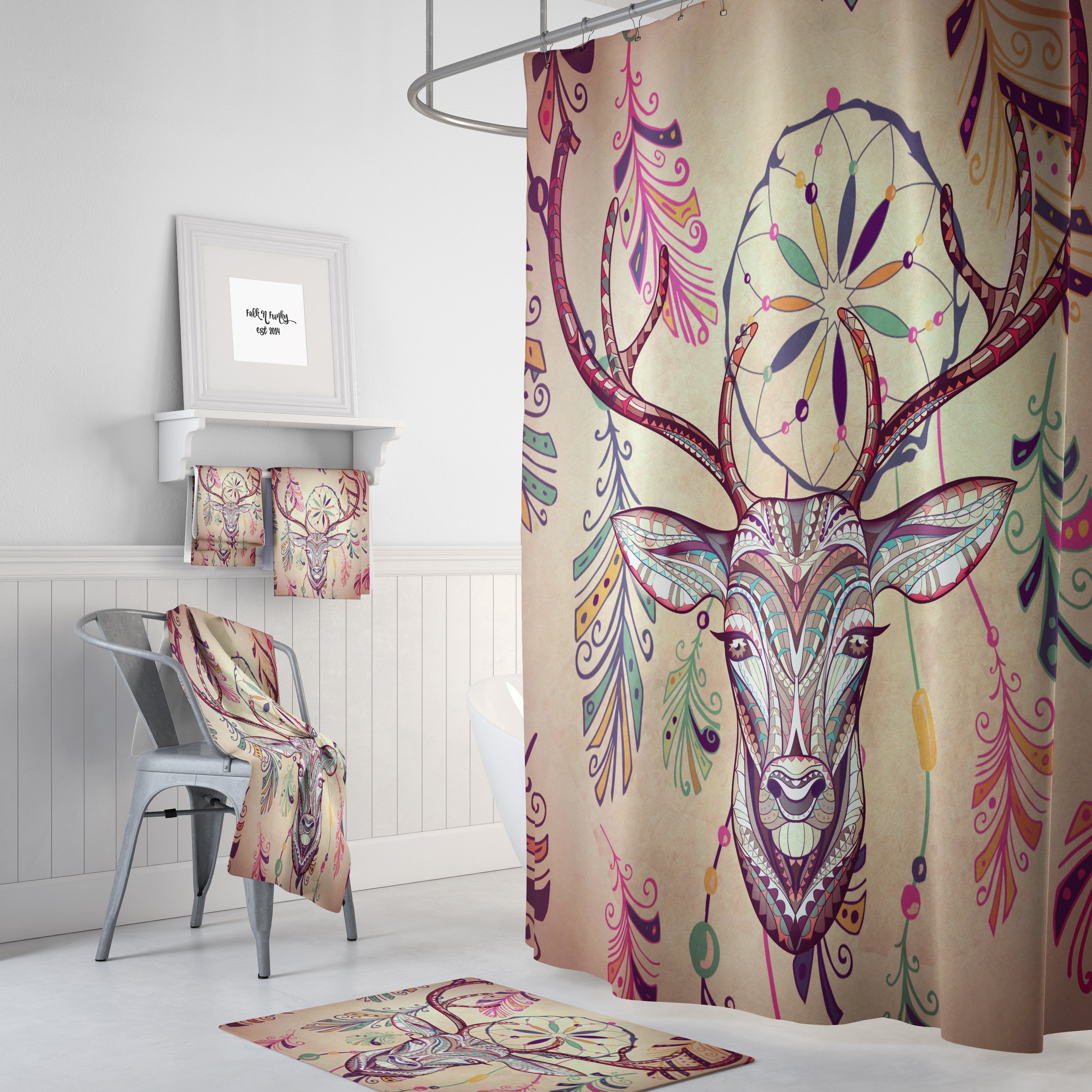 Boho Shower Curtain, Bohemian Bathroom Decor, Deer Dreamcatcher, Primitive Grunge with Unique Shower Curtains Print
