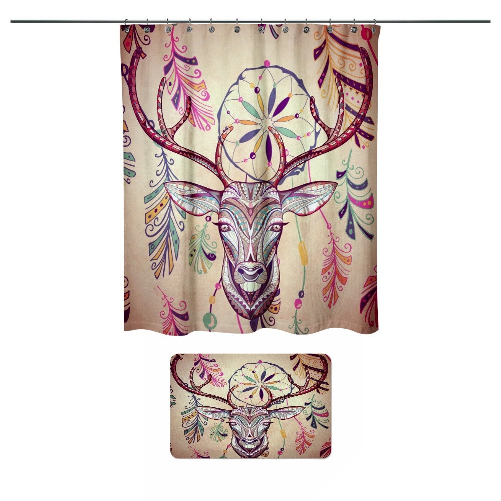 Boho Shower Curtain, Bohemian Bathroom Decor, Deer Dreamcatcher, Primitive Grunge with Unique Shower Curtains Print - Image 2