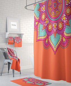 Boho Shower Curtain, Bohemian Bathroom Decor , Orange Mandala with At Home Shower Curtains Print
