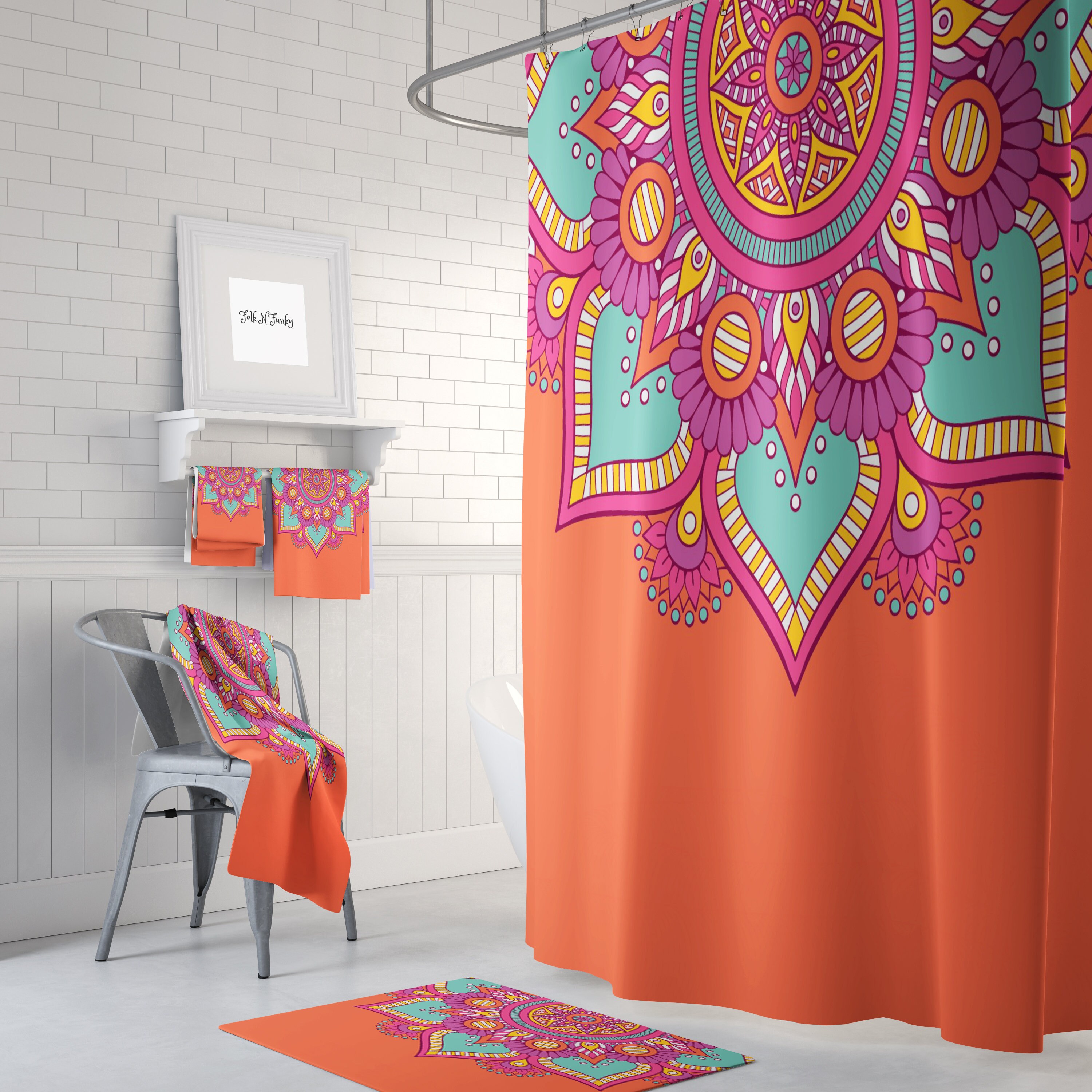 Boho Shower Curtain, Bohemian Bathroom Decor , Orange Mandala with At Home Shower Curtains Print