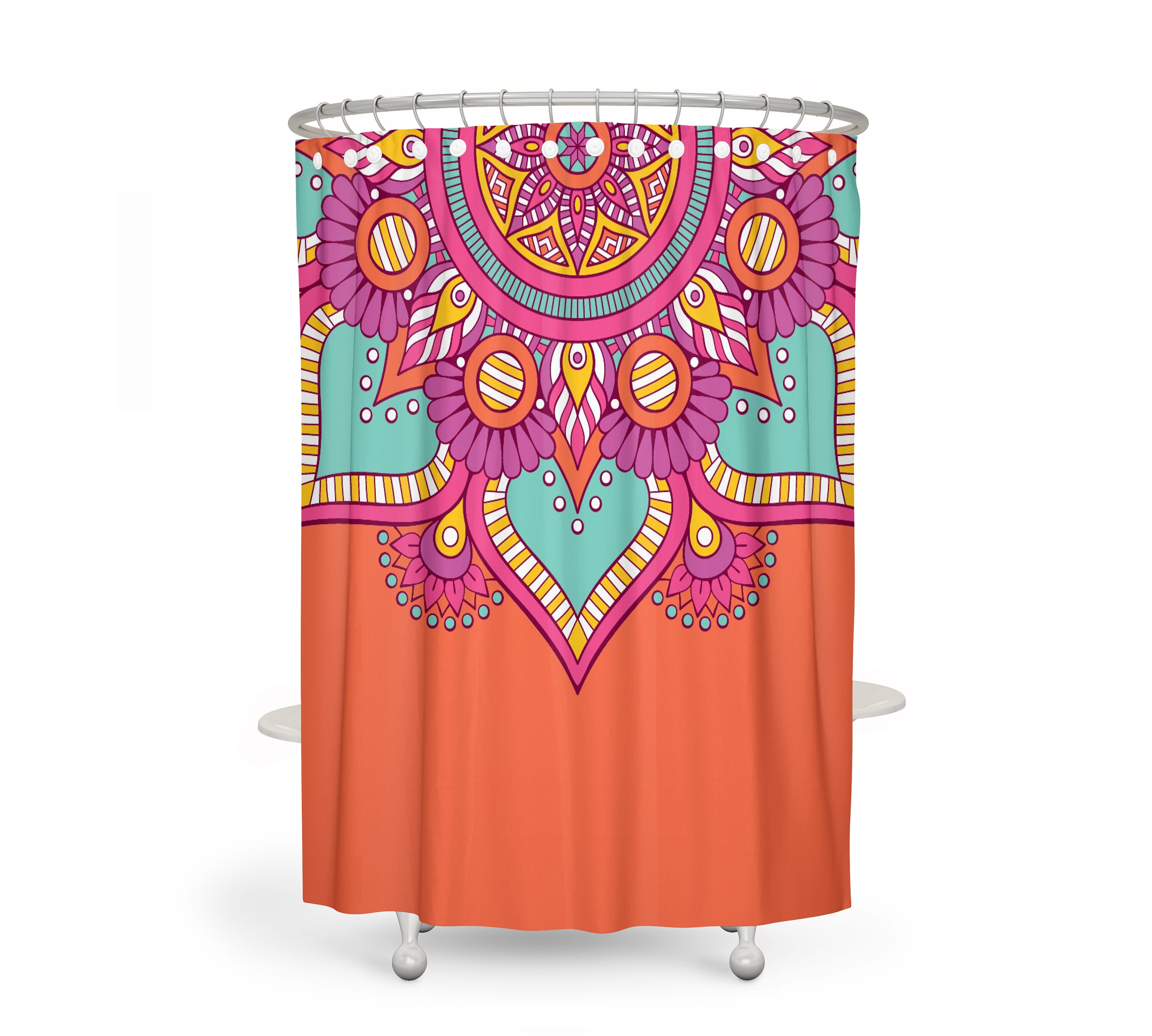 Boho Shower Curtain, Bohemian Bathroom Decor , Orange Mandala with At Home Shower Curtains Print - Image 2