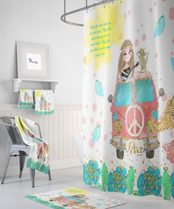 Boho Shower Curtain | Hippie Chic Blessing Design | Retro Van Bath Mat & Towel Option | Vintage Bathroom Decor