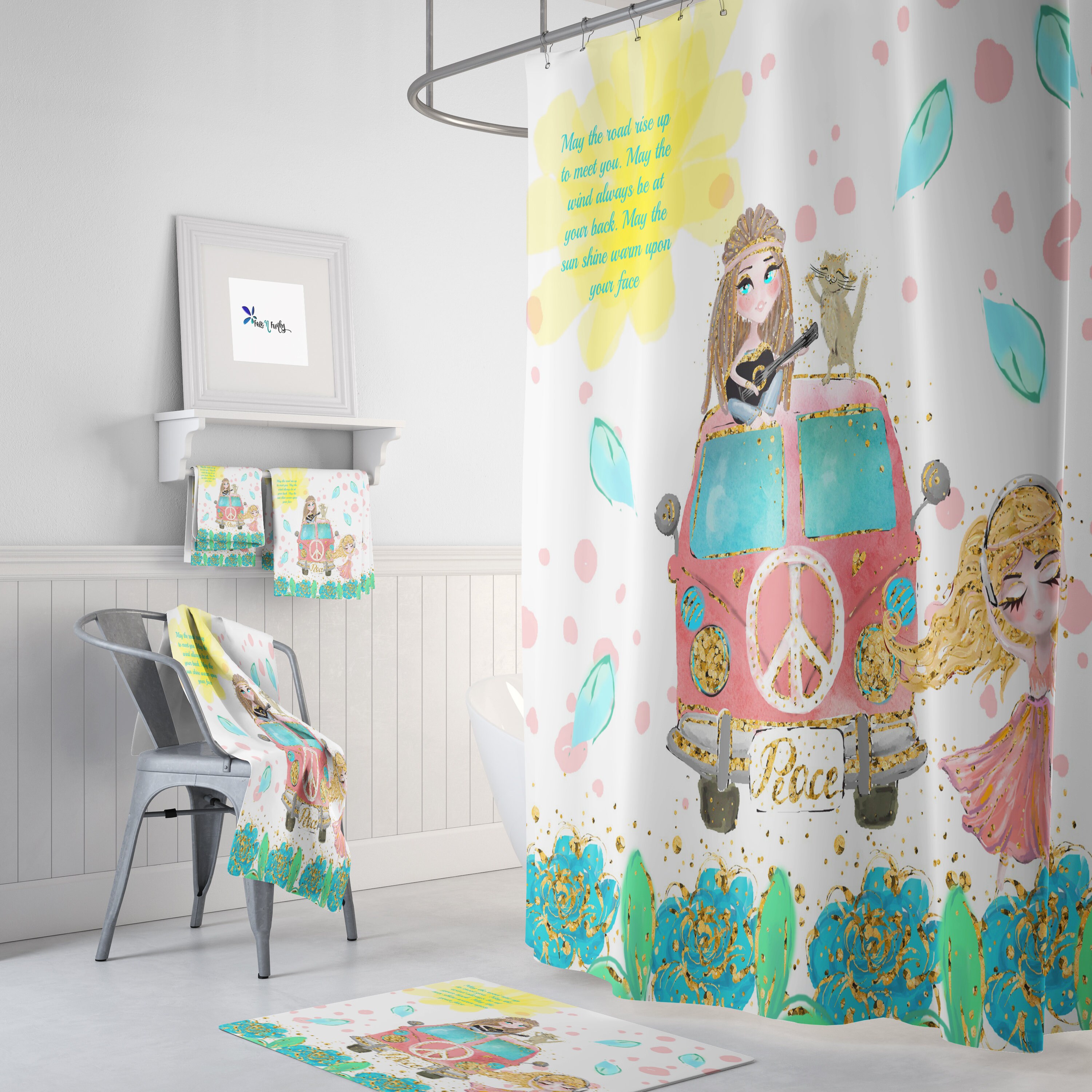 Boho Shower Curtain | Hippie Chic Blessing Design | Retro Van Bath Mat & Towel Option | Vintage Bathroom Decor