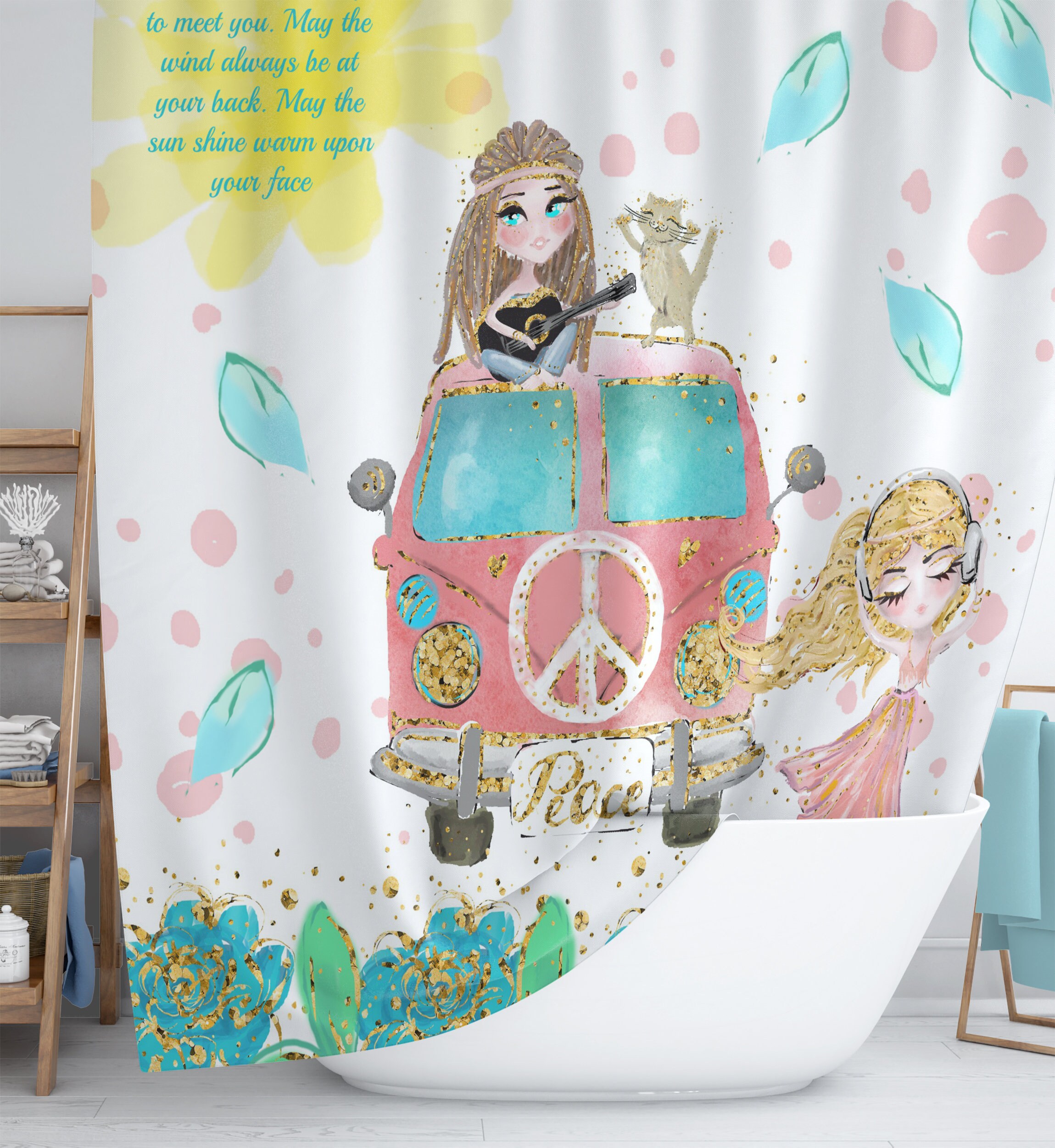 Boho Shower Curtain | Hippie Chic Blessing Design | Retro Van Bath Mat & Towel Option | Vintage Bathroom Decor - Image 2