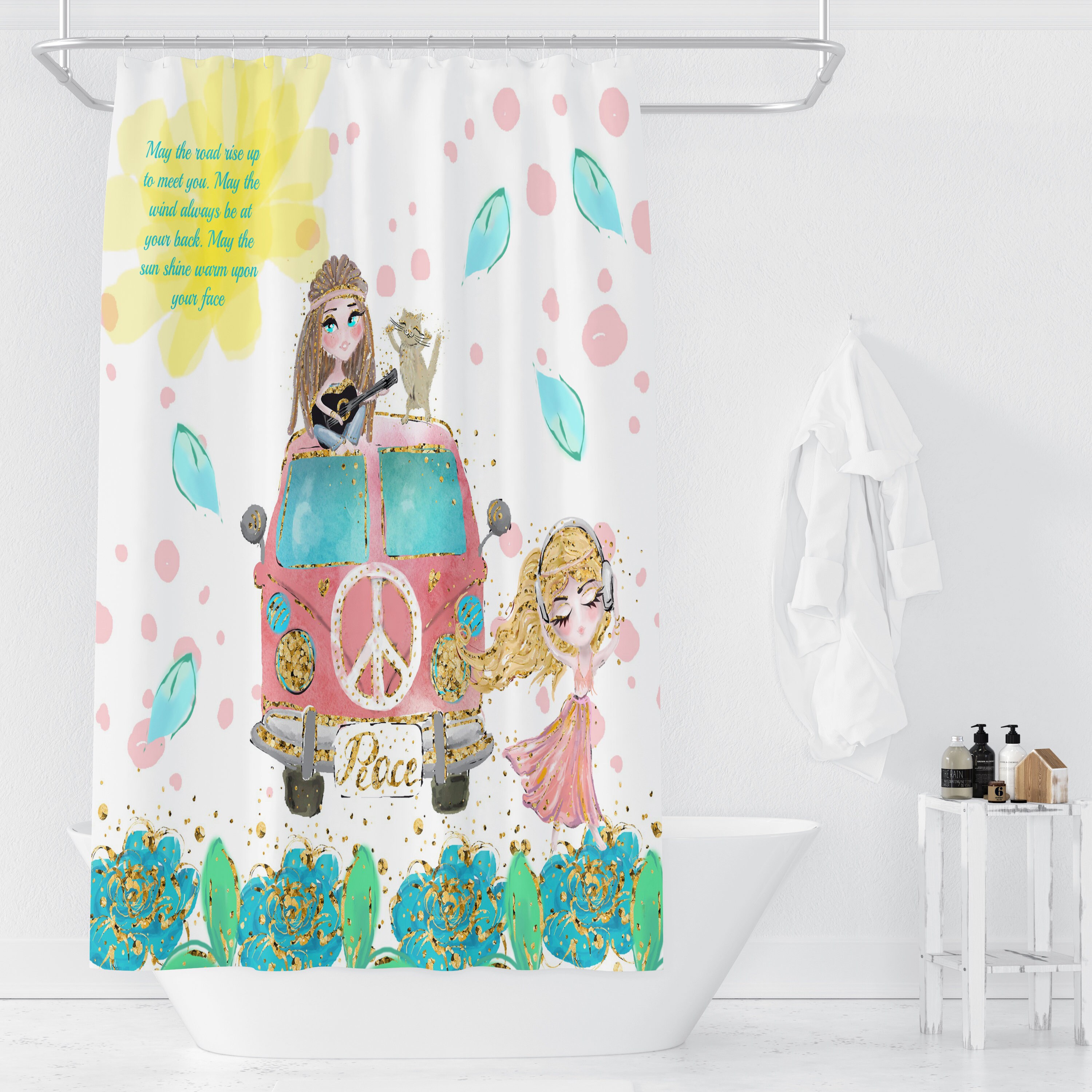 Boho Shower Curtain | Hippie Chic Blessing Design | Retro Van Bath Mat & Towel Option | Vintage Bathroom Decor - Image 3