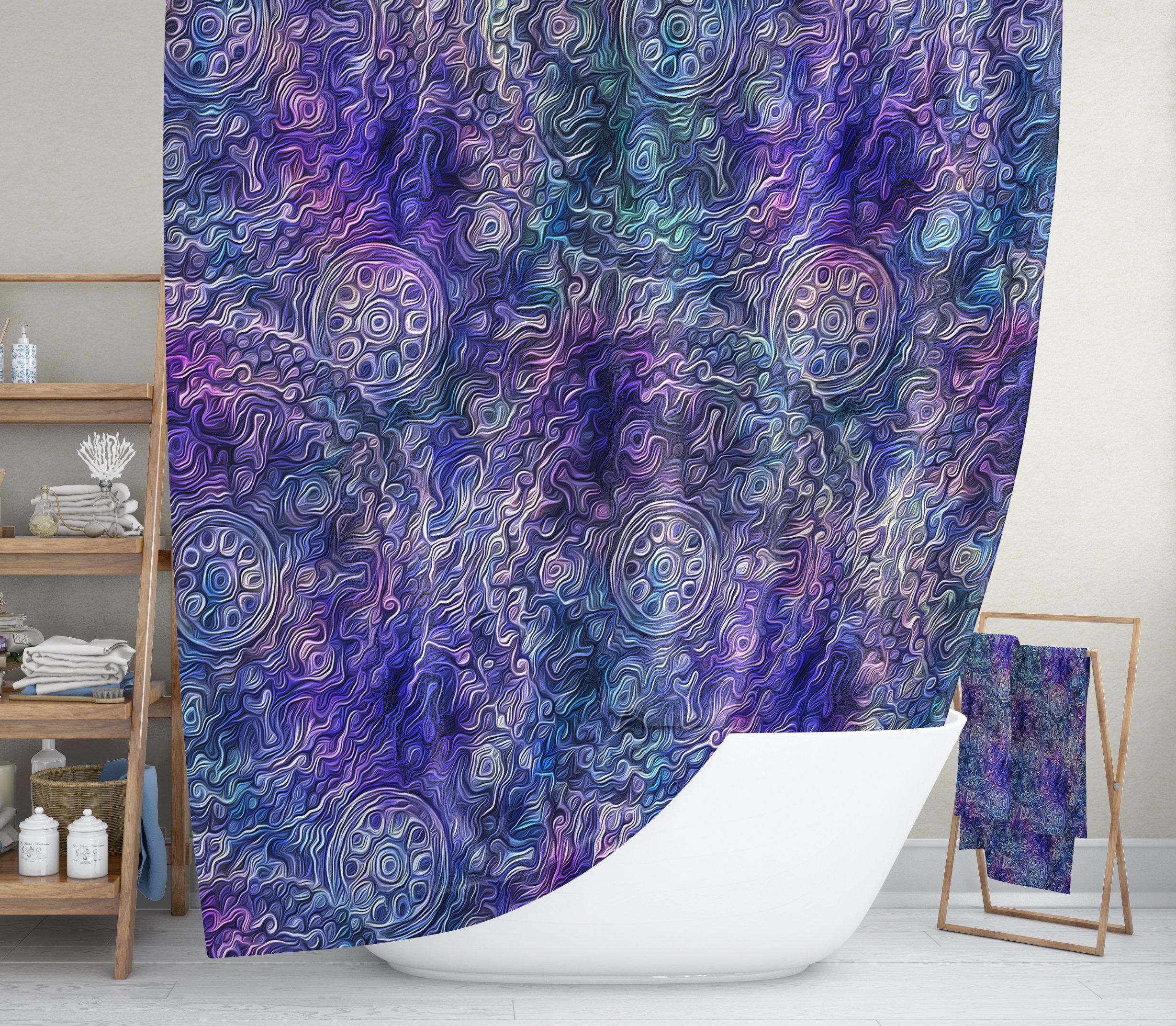 Boho Shower Curtain Optional Bath Mat Bathroom Set , Purple Pastel with Vintage Shower Curtains Print