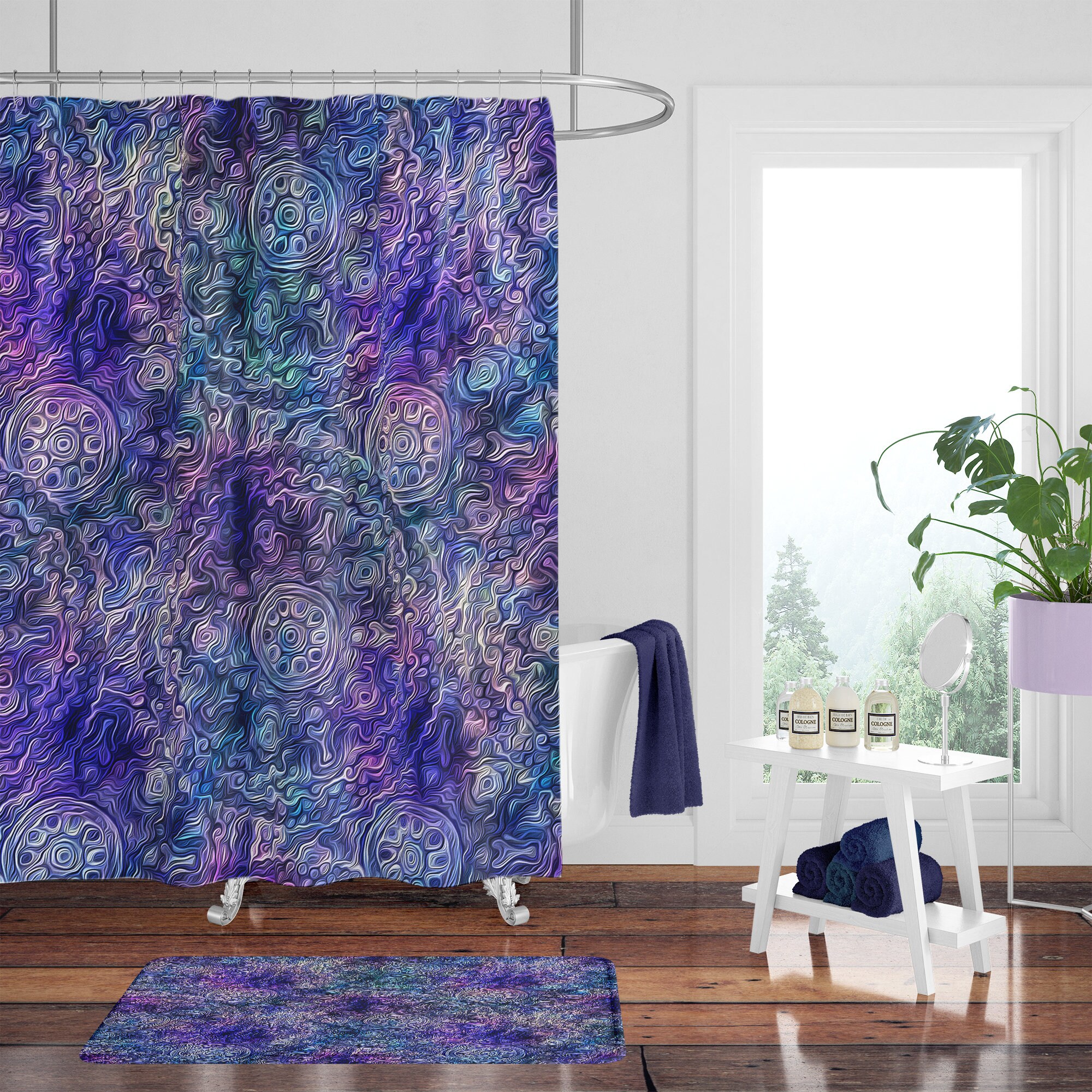 Boho Shower Curtain Optional Bath Mat Bathroom Set , Purple Pastel with Vintage Shower Curtains Print - Image 2