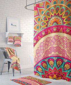 Boho Shower Curtain Optional Towels and Bath Mat Mandala Peacock with Restroom Shower Curtains Print