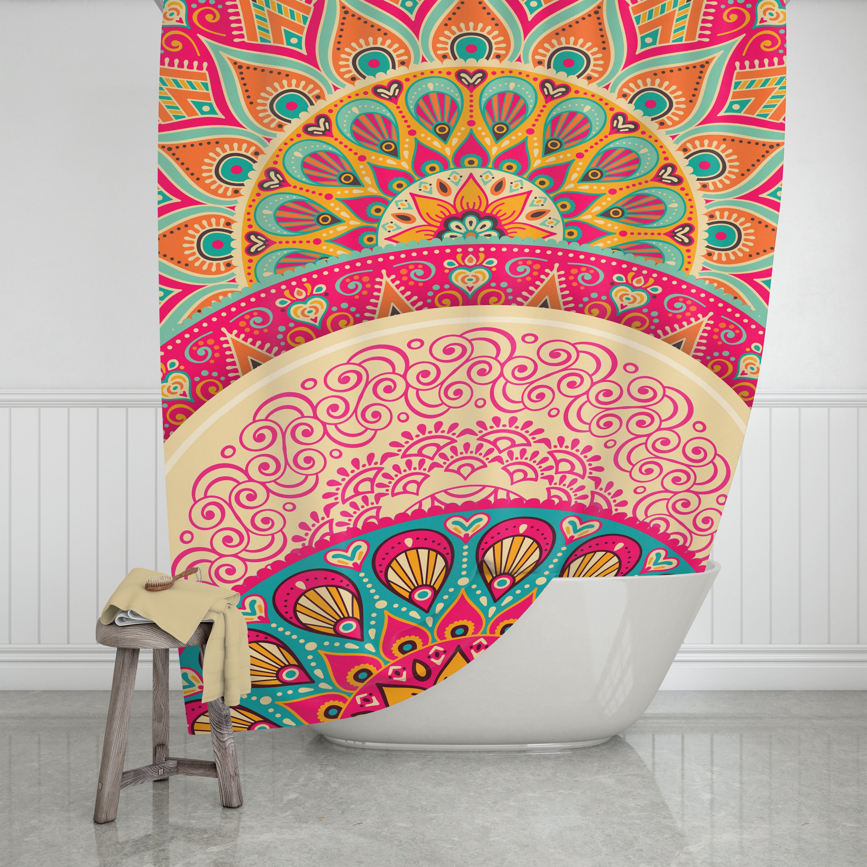 Boho Shower Curtain Optional Towels and Bath Mat Mandala Peacock with Restroom Shower Curtains Print - Image 2