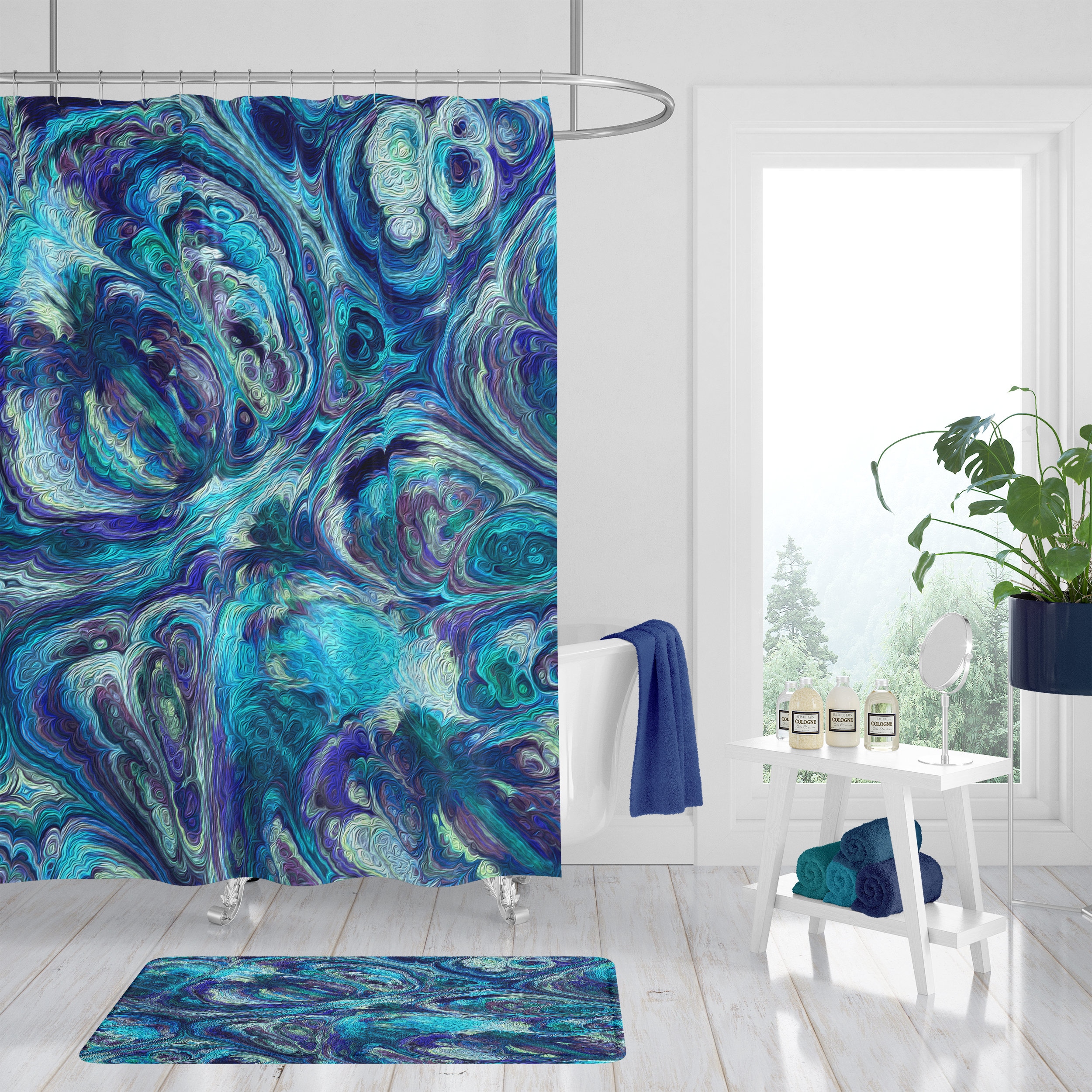 Boho Shower Curtain with Beautiful Blue Abstract Pattern for Bathroom Decor