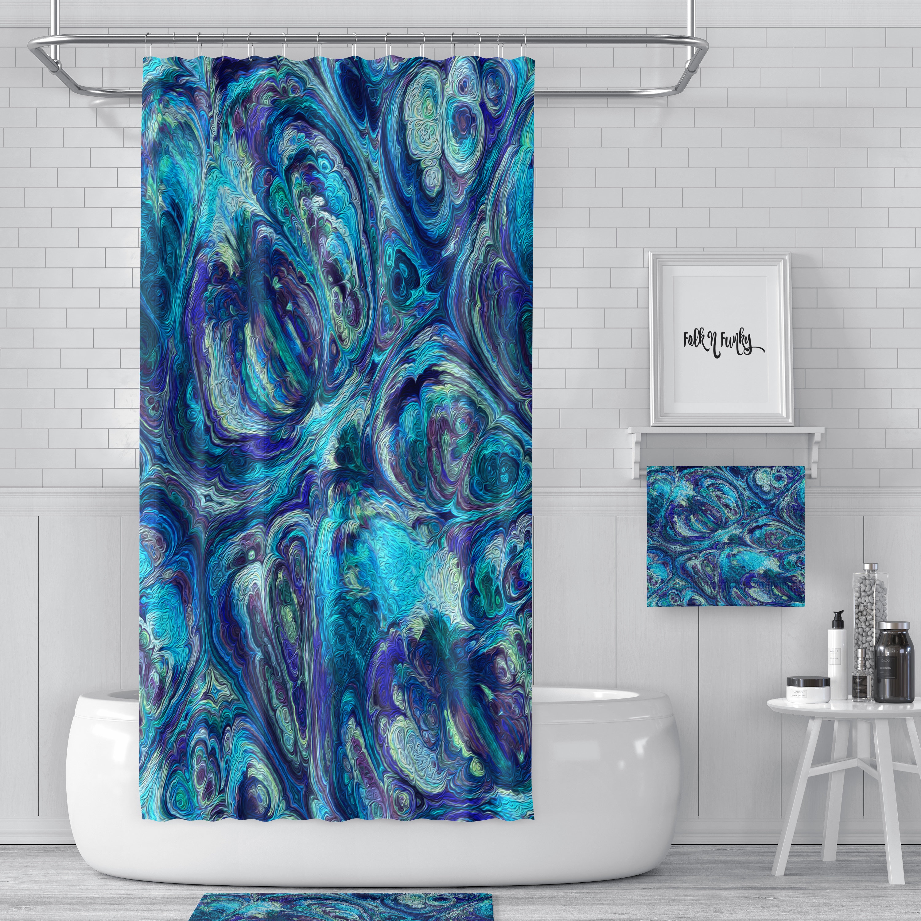 Boho Shower Curtain with Beautiful Blue Abstract Pattern for Bathroom Decor - Image 2