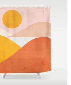 Boho Shower Curtain with Burnt Sunset Landscape and Warm Colors