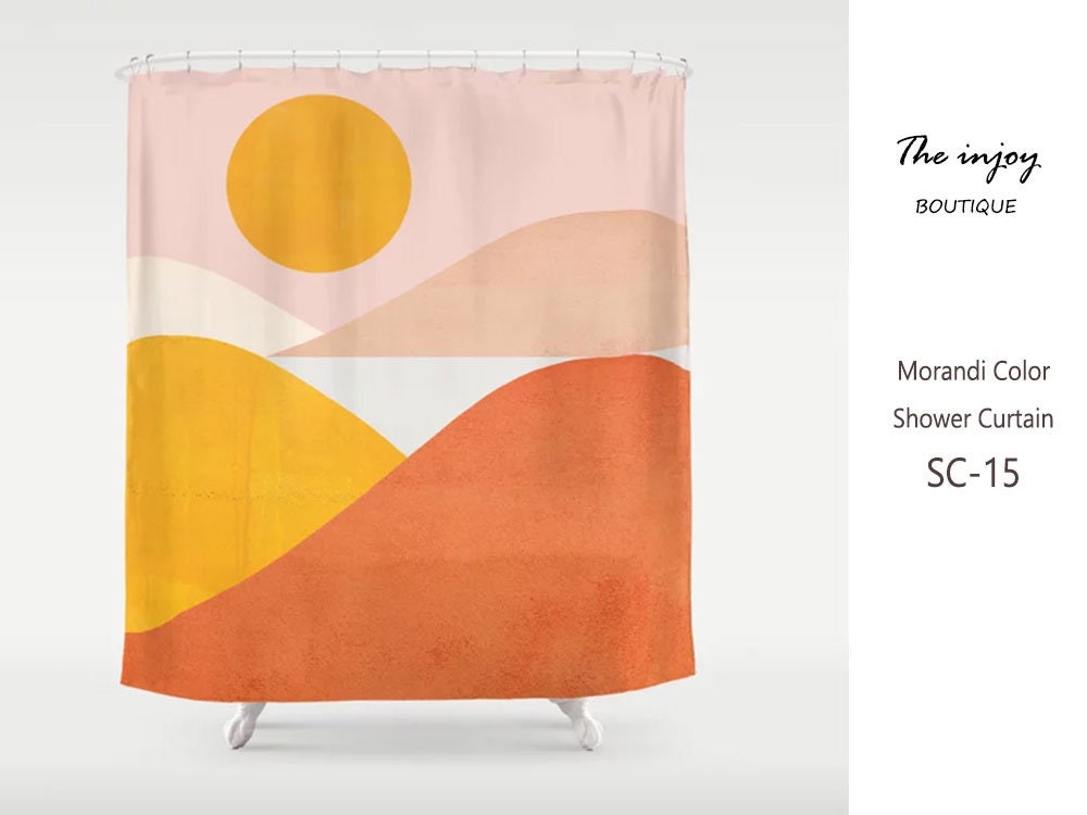 Boho Shower Curtain with Burnt Sunset Landscape and Warm Colors