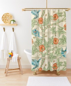Boho Shower Curtain with Flowers, Birds, and Art Nouveau Nature Design