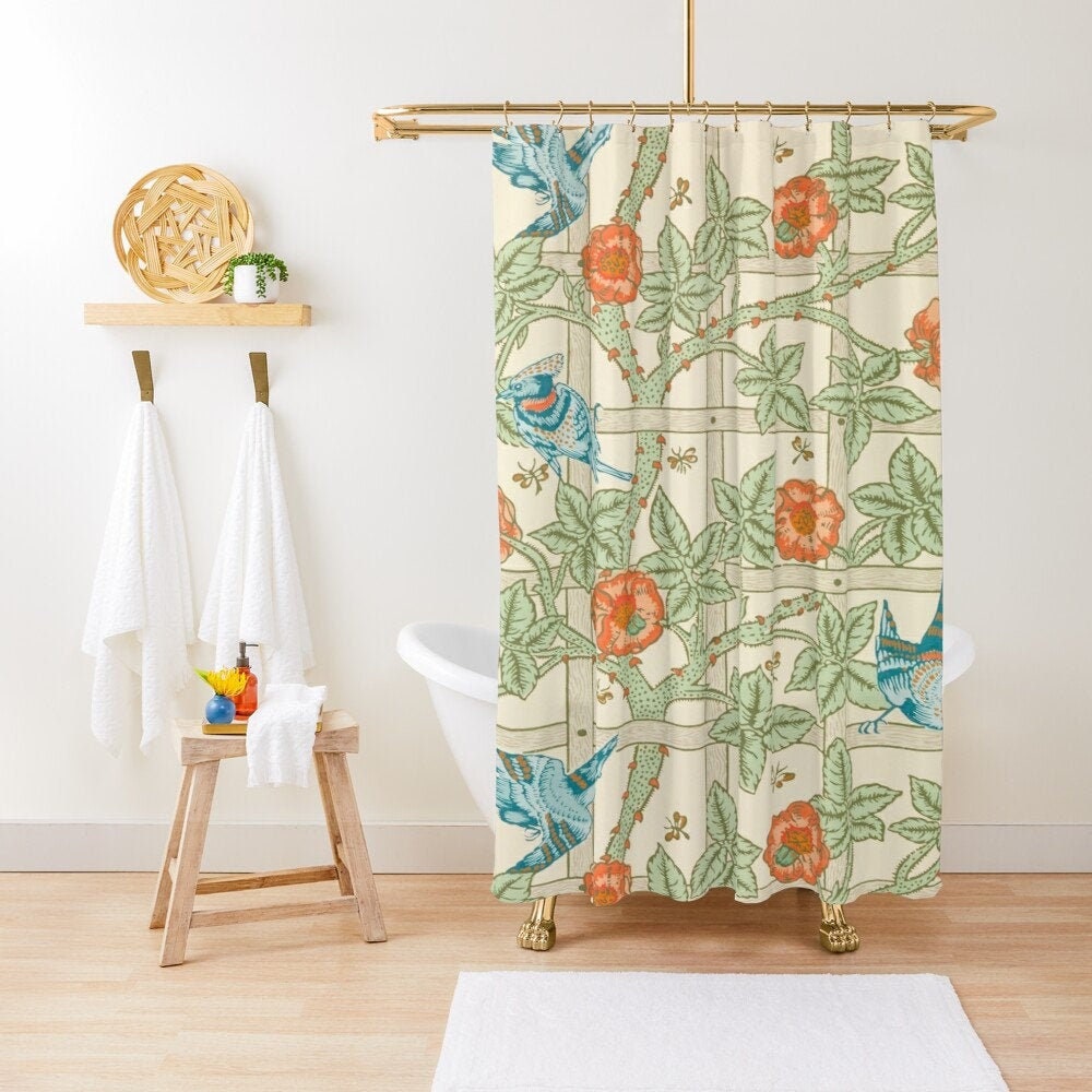 Boho Shower Curtain with Flowers, Birds, and Art Nouveau Nature Design