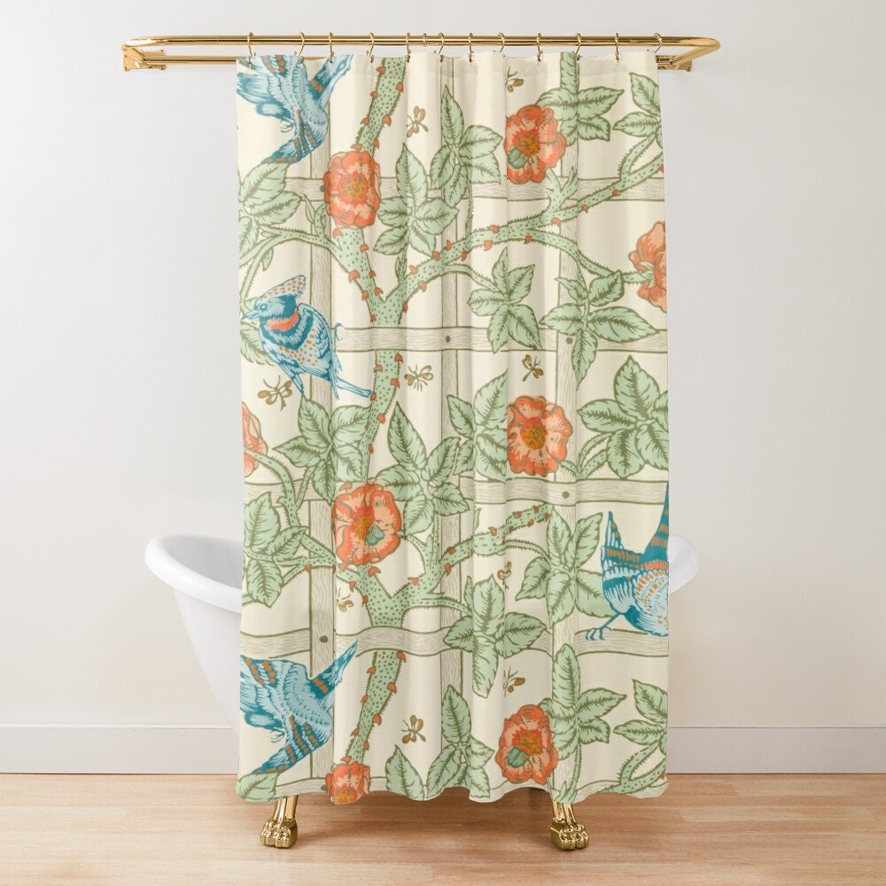Boho Shower Curtain with Flowers, Birds, and Art Nouveau Nature Design - Image 2