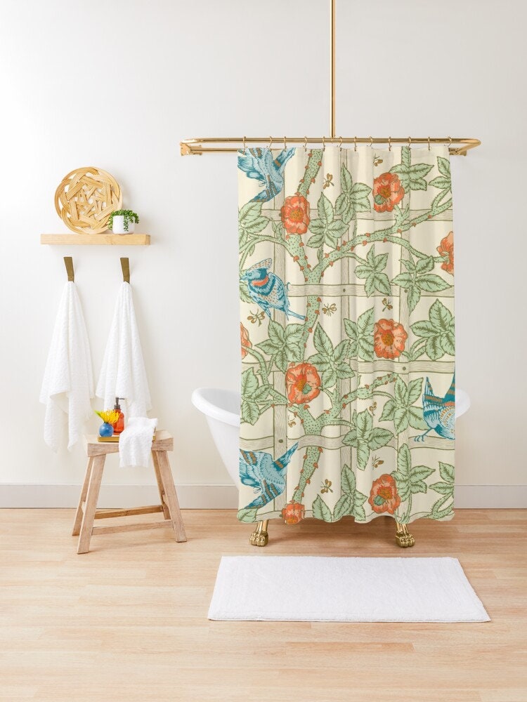 Boho Shower Curtain with Flowers, Birds, and Art Nouveau Nature Design - Image 3
