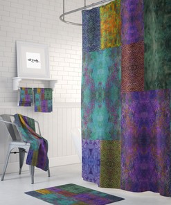 Boho Shower Curtain with Gypsy Batik Design and Optional Bath Mat Bathroom Set