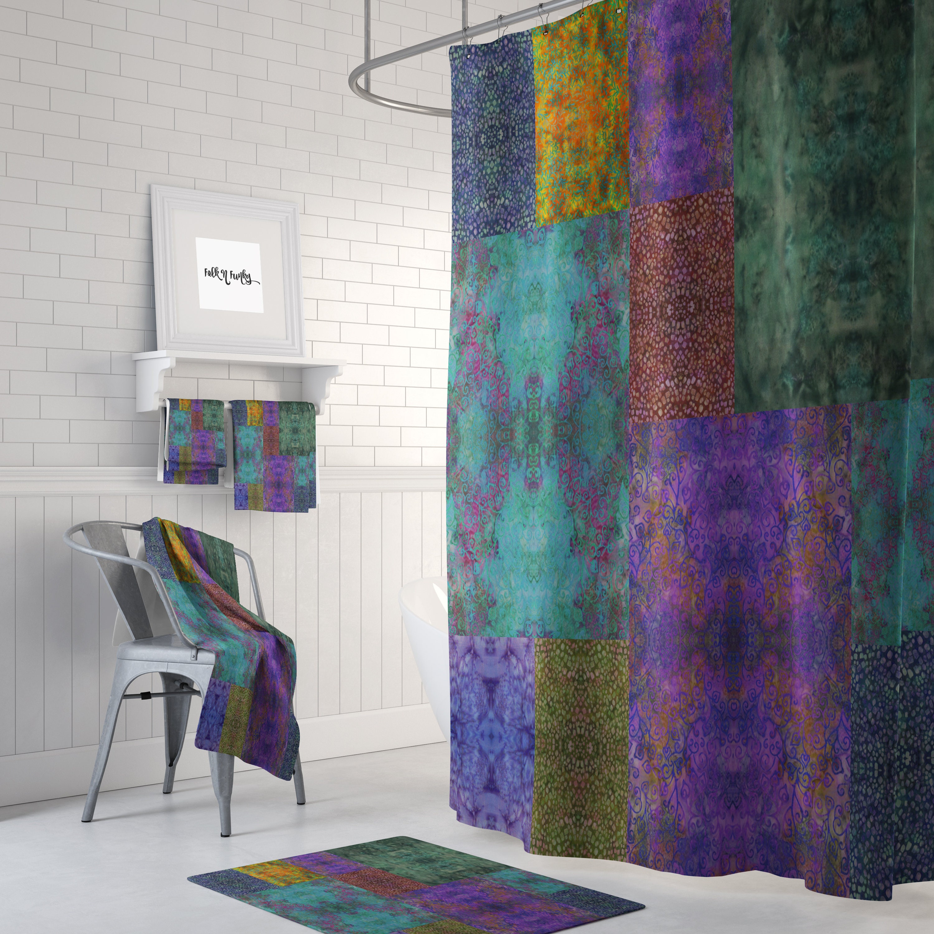 Boho Shower Curtain with Gypsy Batik Design and Optional Bath Mat Bathroom Set