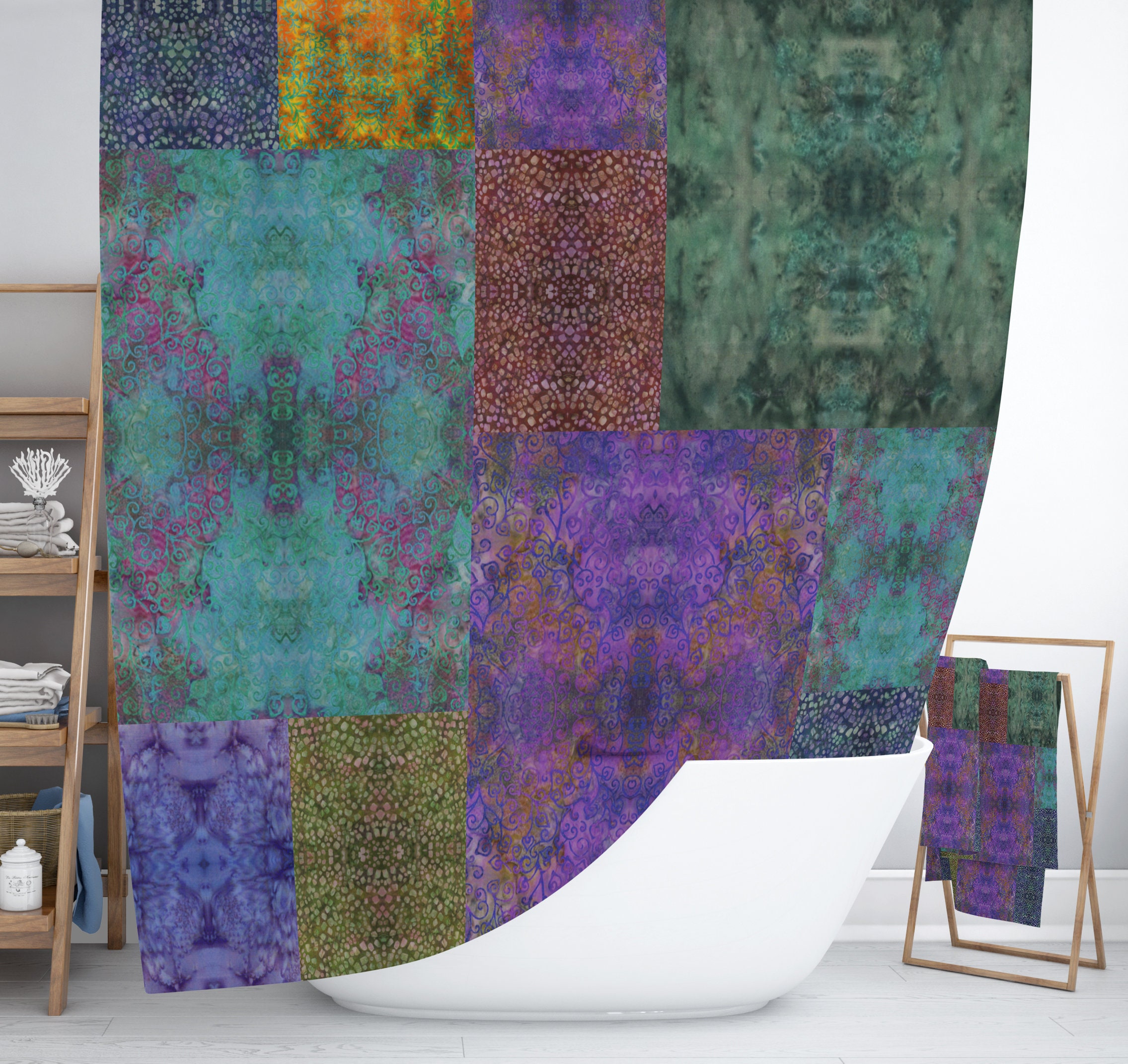 Boho Shower Curtain with Gypsy Batik Design and Optional Bath Mat Bathroom Set - Image 3
