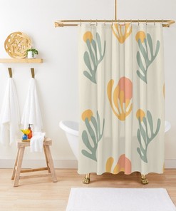 Boho Shower Curtain with Mid-Century Abstract Patterns and Cacti - Trendy and Eco-Friendly