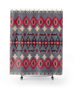 Boho Shower Curtain with Tribal Ethnic Print, 71 x 71 inch Curtain, Red and Gray Bathroom Decor, Bath Curtain