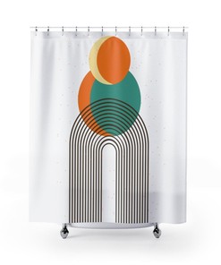 Boho Sun Orange and Teal Mid Century Modern Shower Curtain with Retro Flair