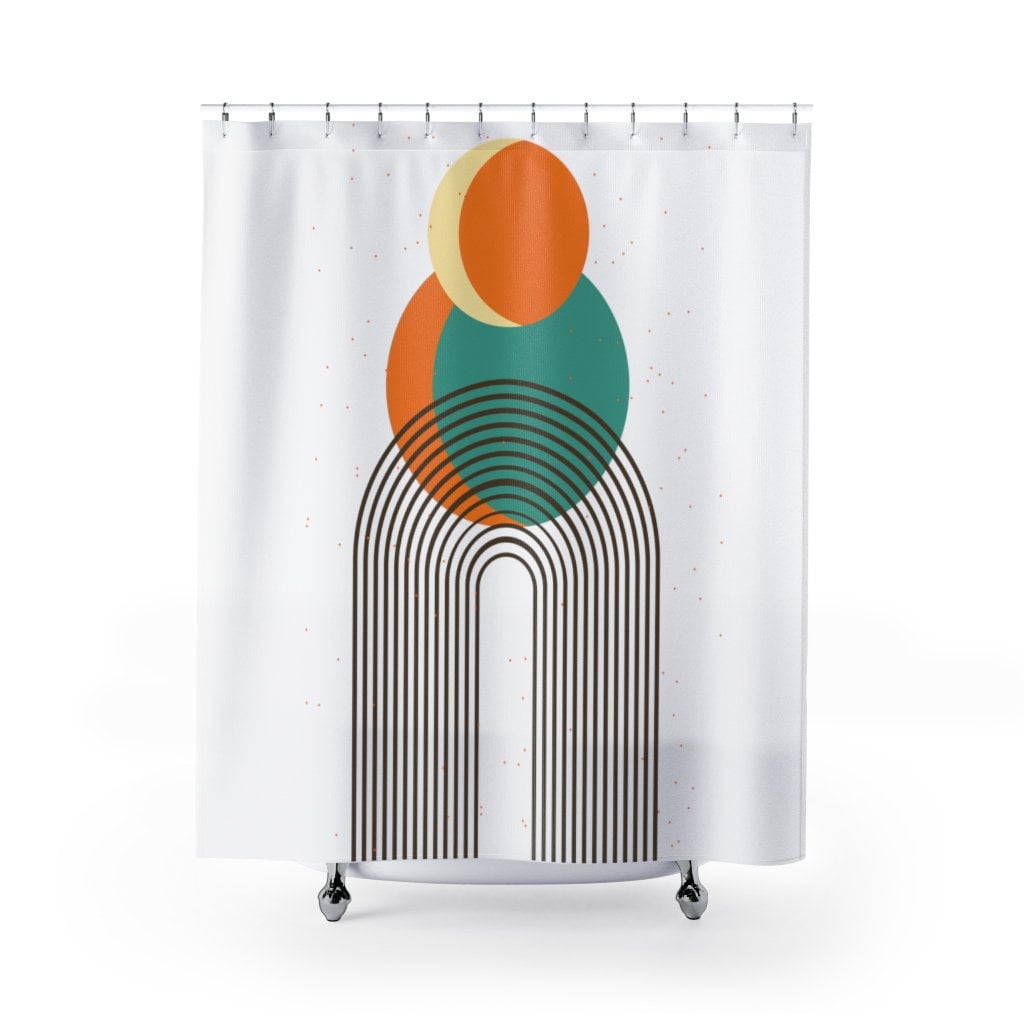 Boho Sun Orange and Teal Mid Century Modern Shower Curtain with Retro Flair