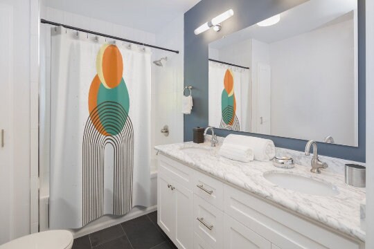 Boho Sun Orange and Teal Mid Century Modern Shower Curtain with Retro Flair - Image 4