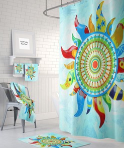 Boho Sunshine Mandala Shower Curtain, Bohemian Chic Gypsy Bath Print, Optional Bath Mat and Towels