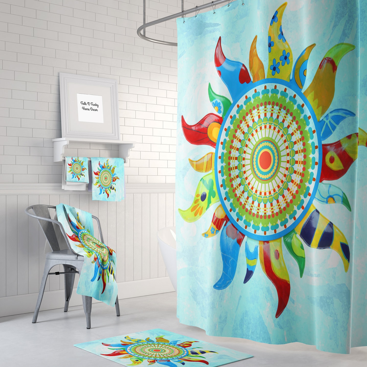 Boho Sunshine Mandala Shower Curtain, Bohemian Chic Gypsy Bath Print, Optional Bath Mat and Towels