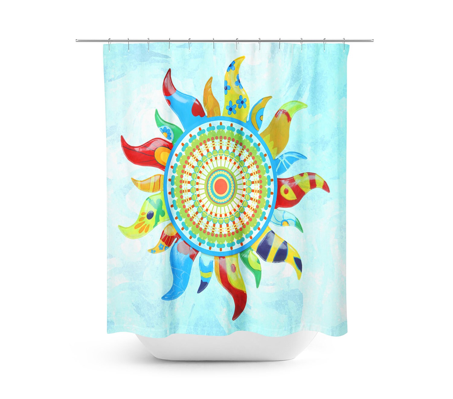 Boho Sunshine Mandala Shower Curtain, Bohemian Chic Gypsy Bath Print, Optional Bath Mat and Towels - Image 2