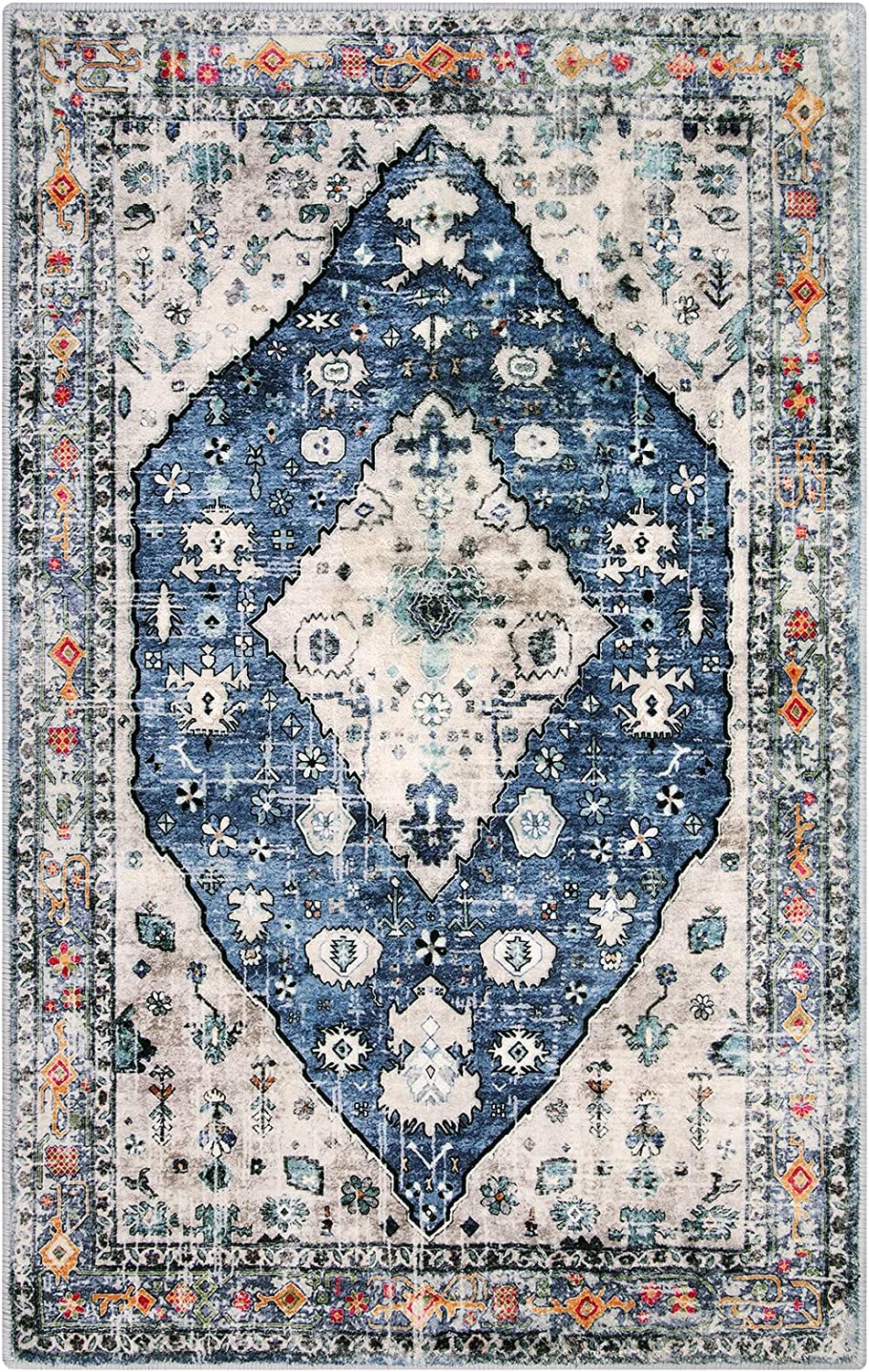 Boho Tribal Area Rug in Blue - Soft and Washable Mat for Chic Home Decor