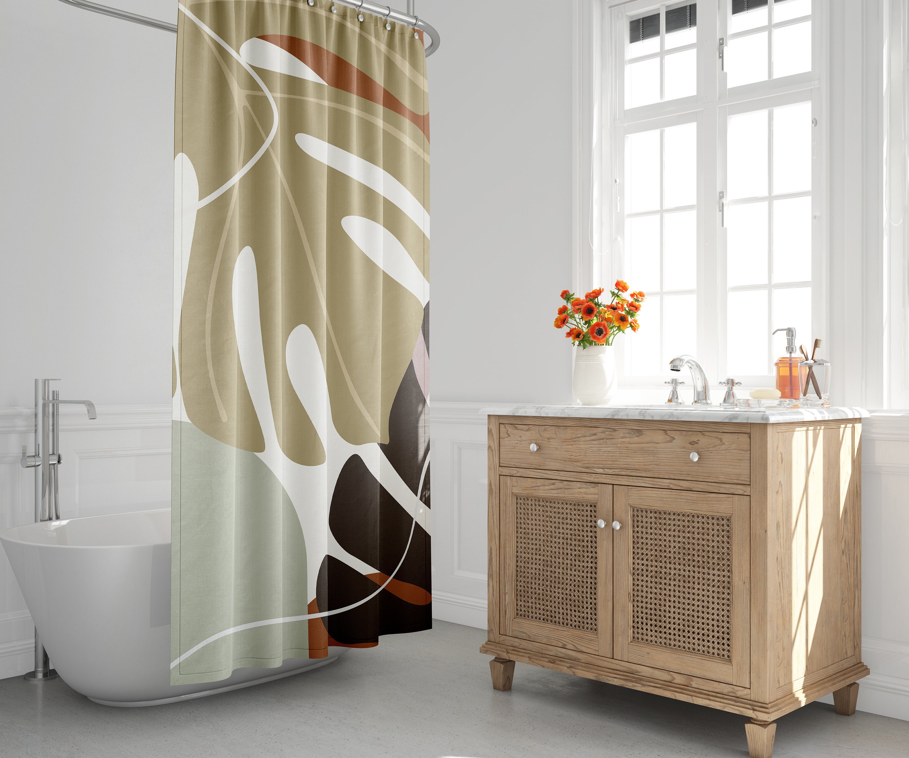 Boho Tropical Leaf Shower Curtain with Abstract Autumn Design for a Contemporary Bath Decor