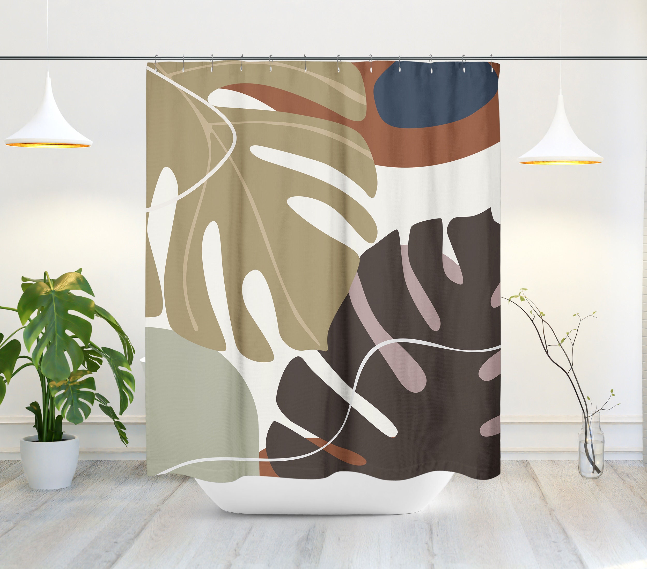 Boho Tropical Leaf Shower Curtain with Abstract Autumn Design for a Contemporary Bath Decor - Image 2