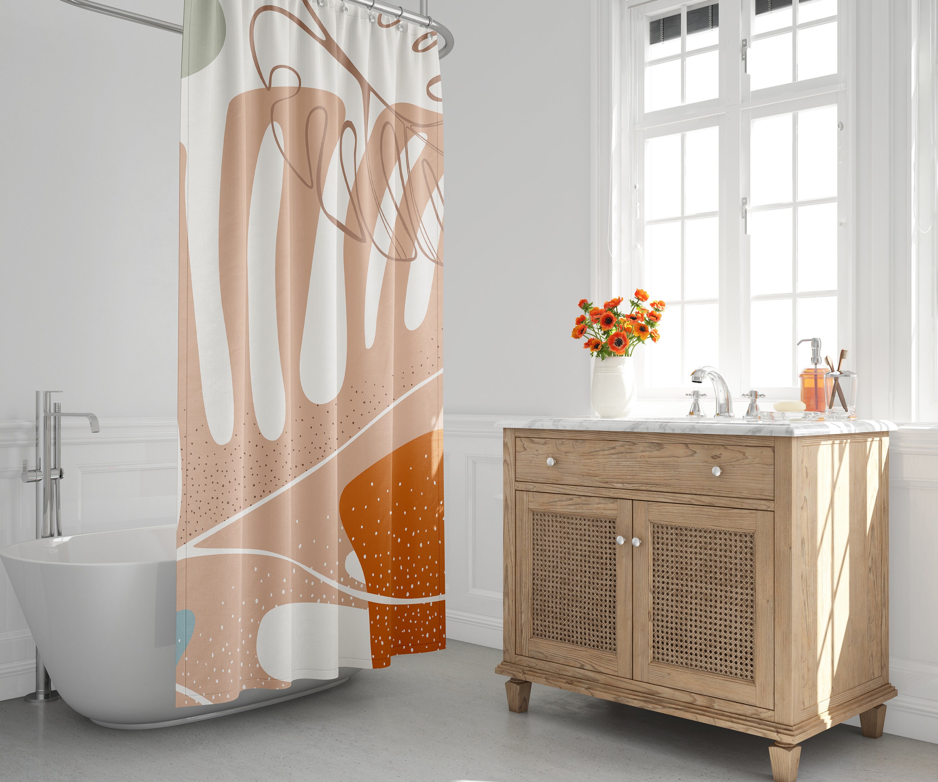 Boho Tropical Leaf Shower Curtain with Abstract Geometric Design for a Contemporary Bath Decor