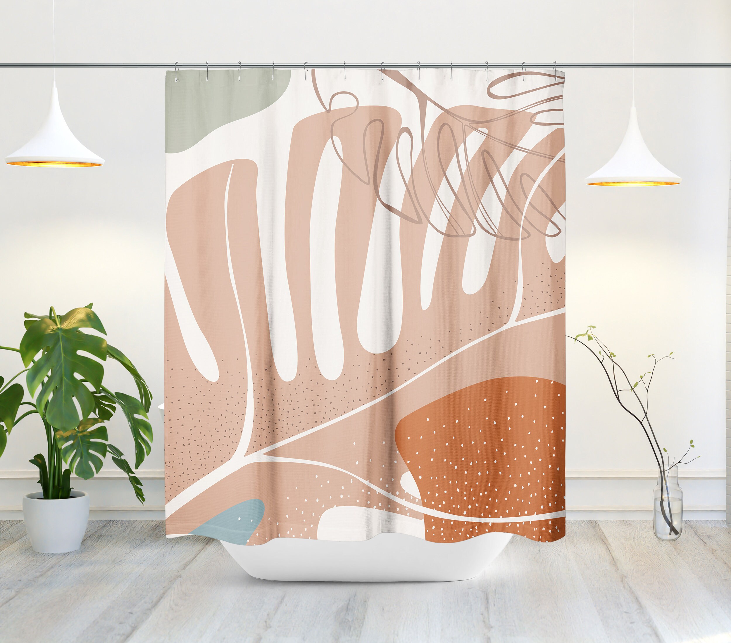 Boho Tropical Leaf Shower Curtain with Abstract Geometric Design for a Contemporary Bath Decor - Image 3