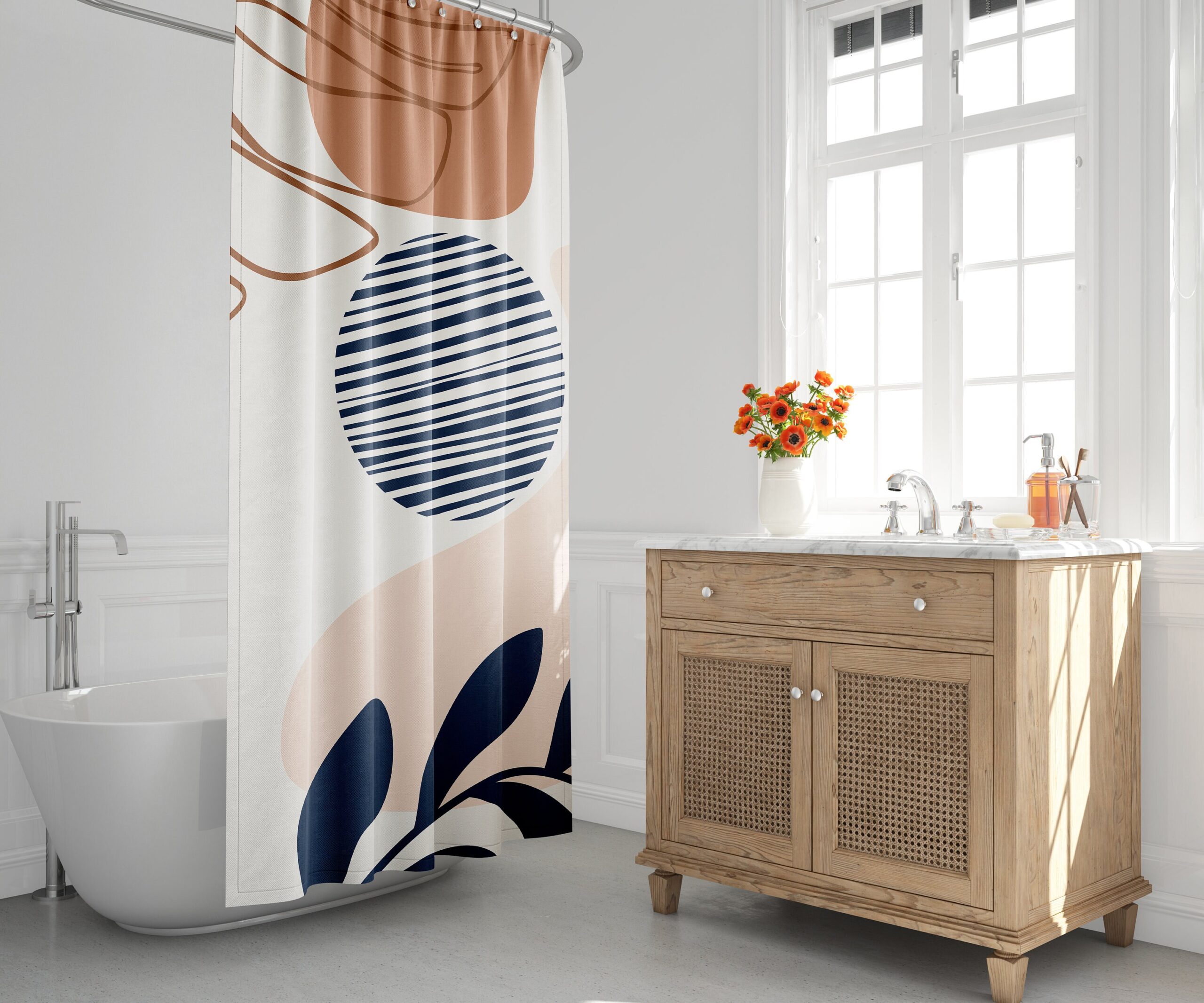 Boho Tropical Leaf Shower Curtain with Abstract Moon and Botanical Design, Minimalist and Stylish Bath Decor