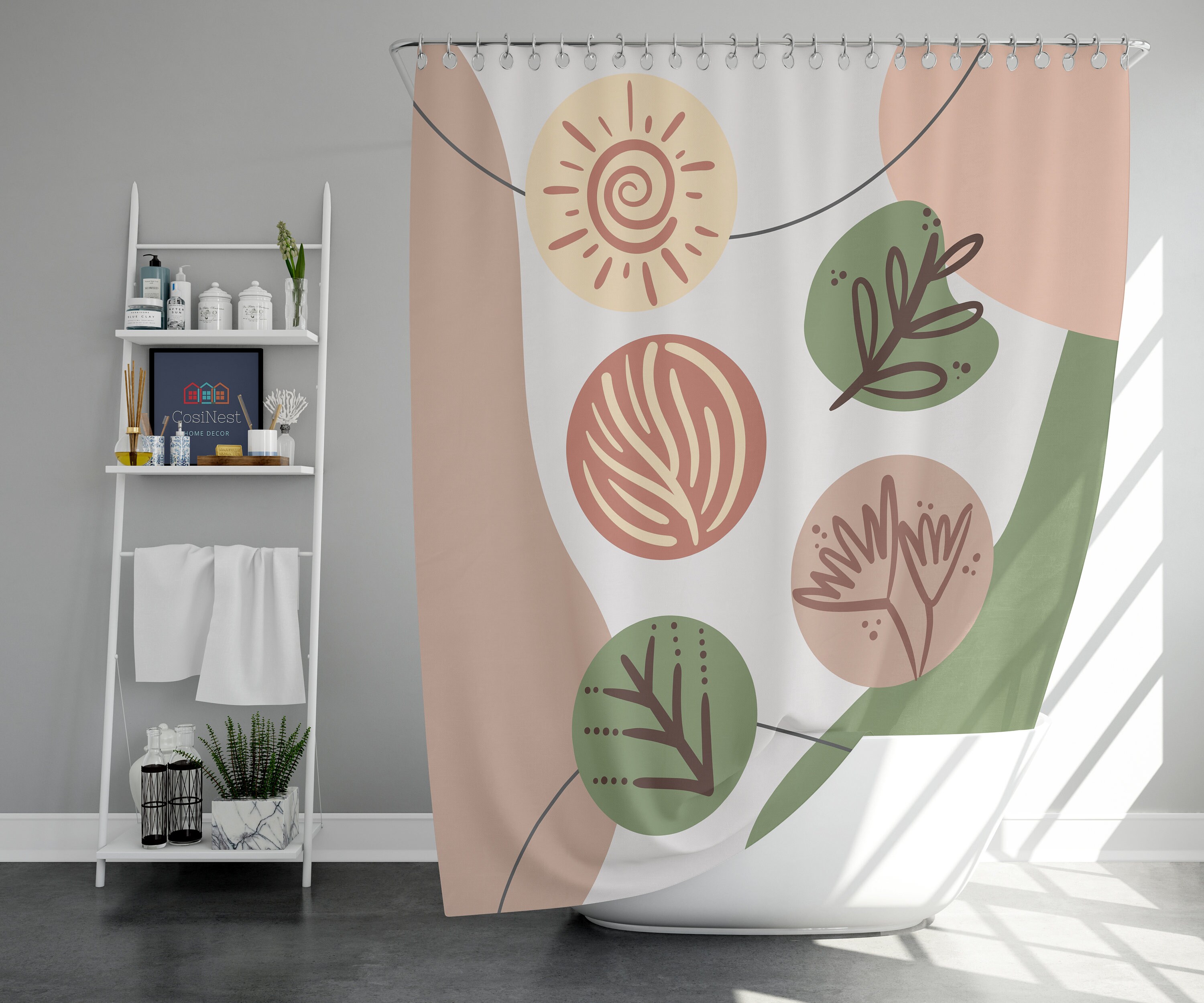 Boho Verlaat Douchegordijn, Boho Botanische Bloemen Retro Stof Badkamer Gordijn, Kids Bathroom Shower Curtain